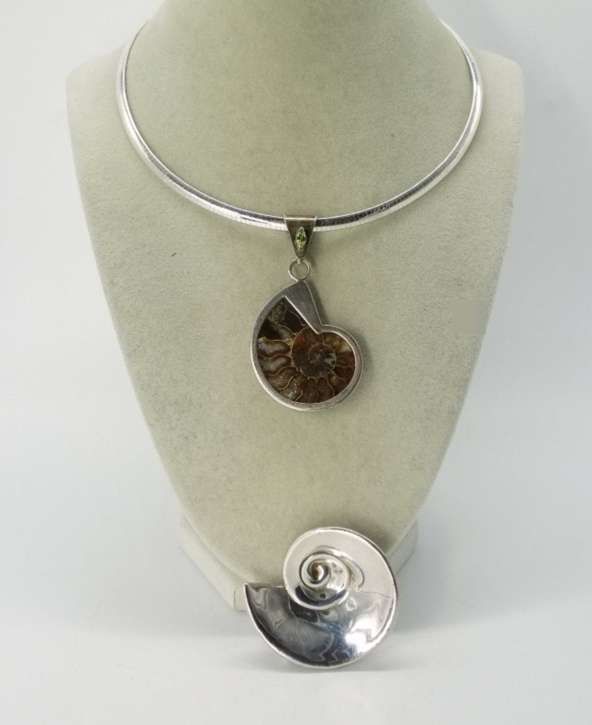 Sterling Ammonite Pendant & Nautilus Brooch