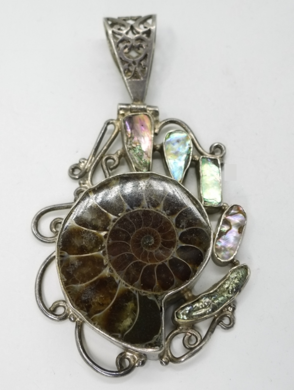 Sterling Ammonite Fossil Pendant w/ Abalone