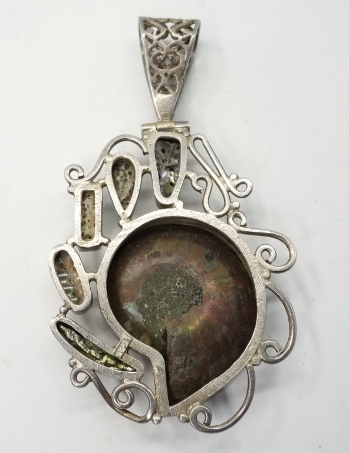 Sterling Ammonite Fossil Pendant w/ Abalone