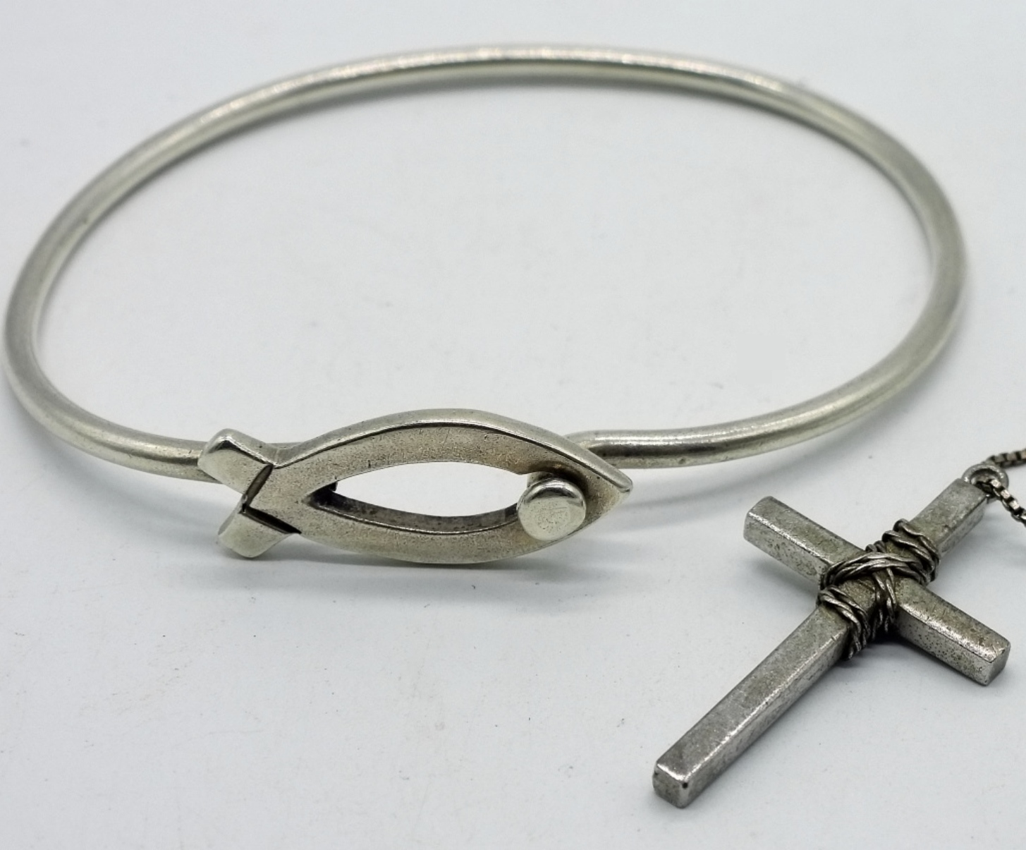 Sterling Silver Cross Necklace & Fish Bracelet Set