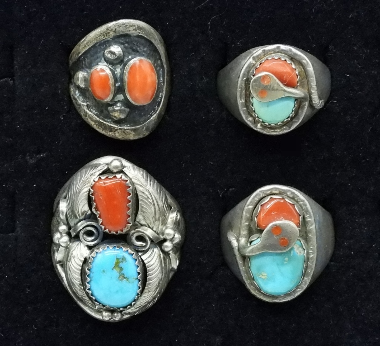 4 Sterling Turquoise Coral Rings, Effie Zuni