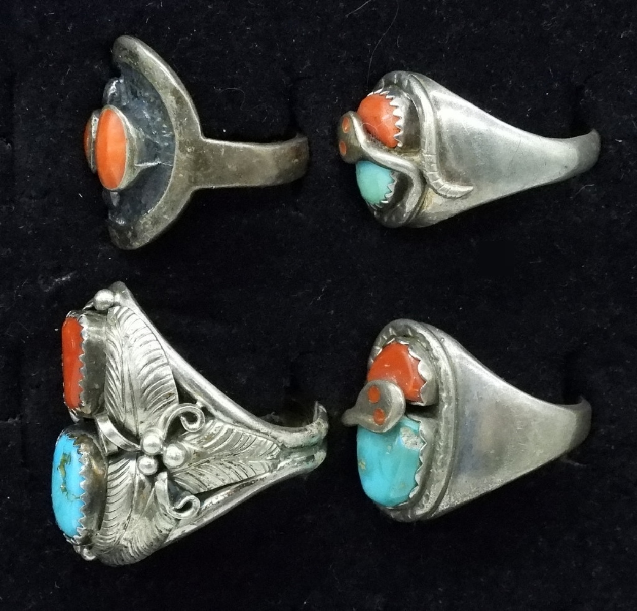 4 Sterling Turquoise Coral Rings, Effie Zuni