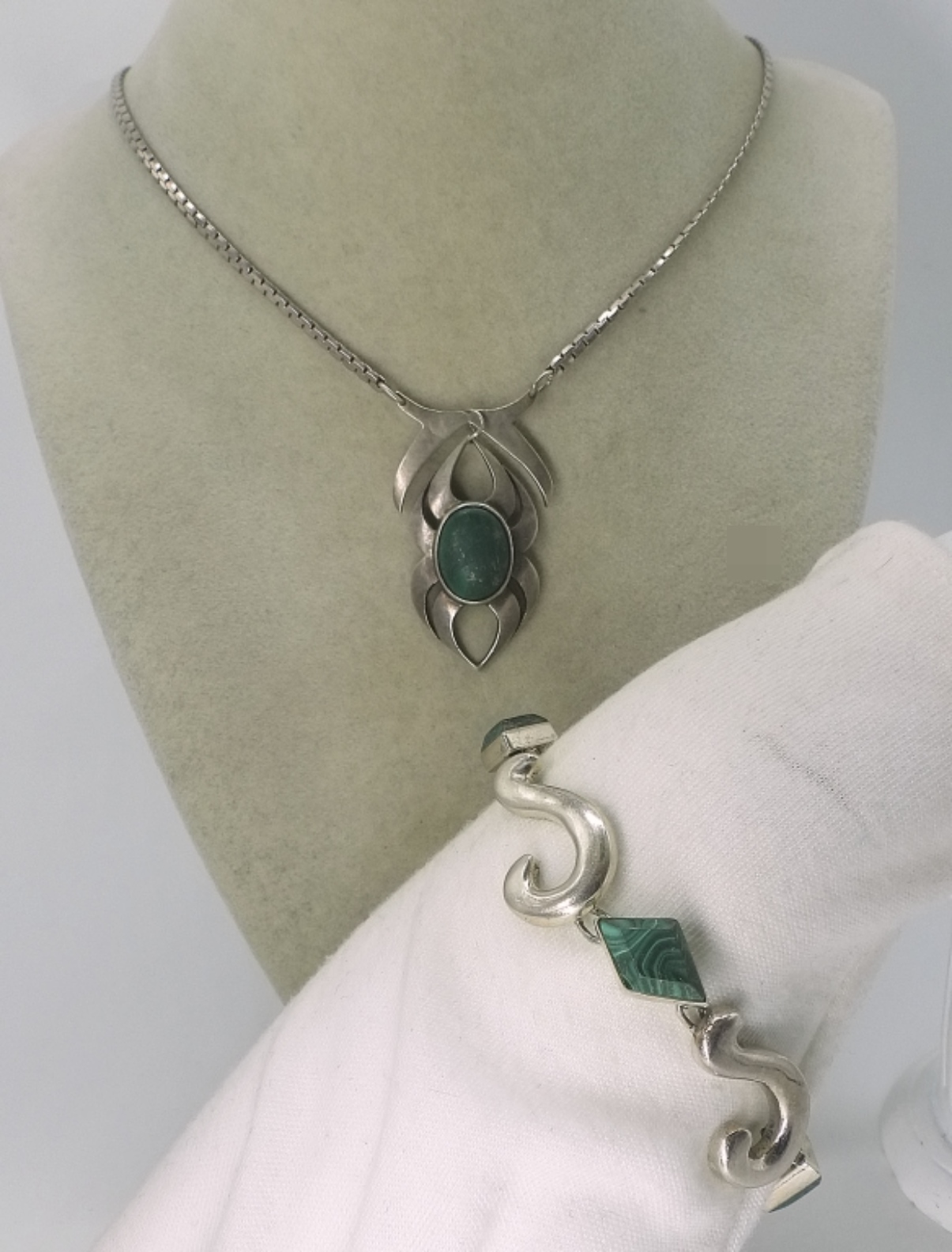 Sterling Necklace & Bracelet Set, Malachite Stones
