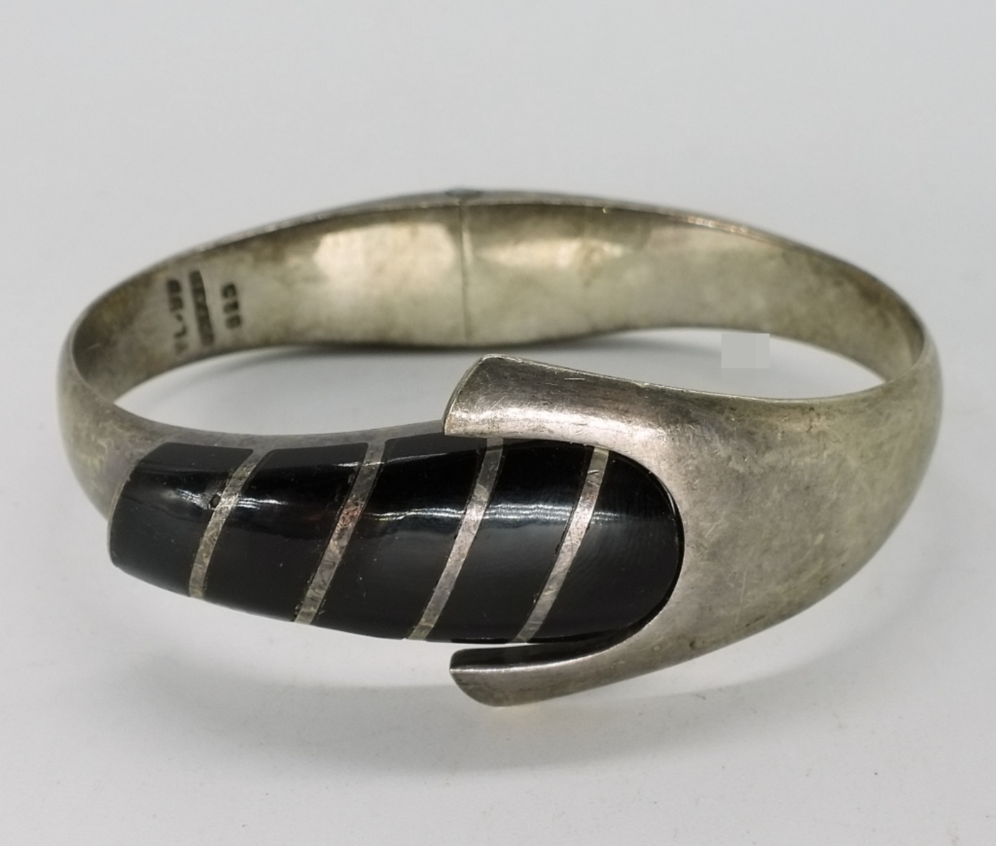 Sterling Taxco Onyx Hinged Cuff Bracelet