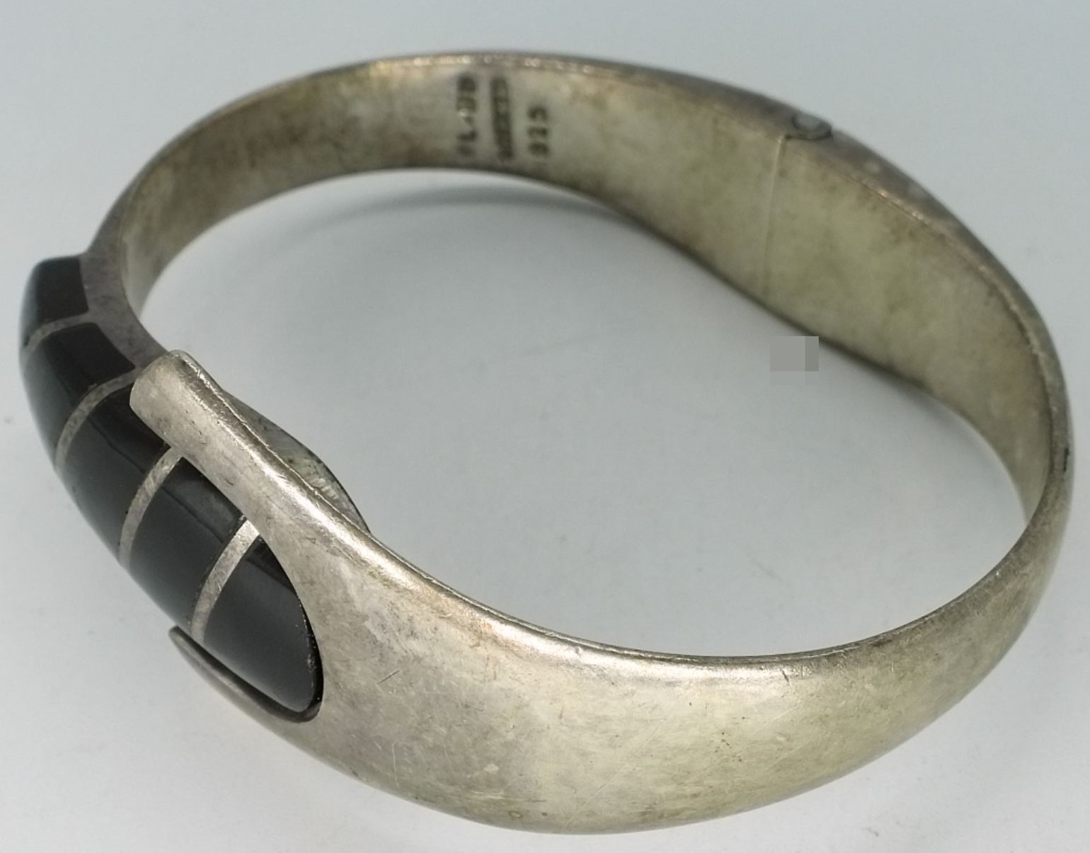 Sterling Taxco Onyx Hinged Cuff Bracelet