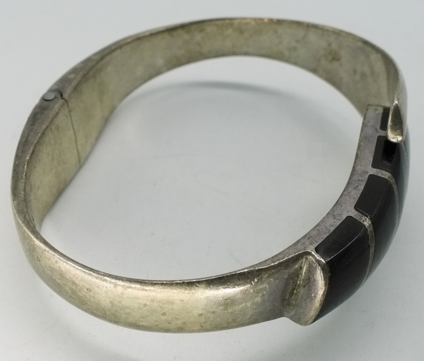 Sterling Taxco Onyx Hinged Cuff Bracelet