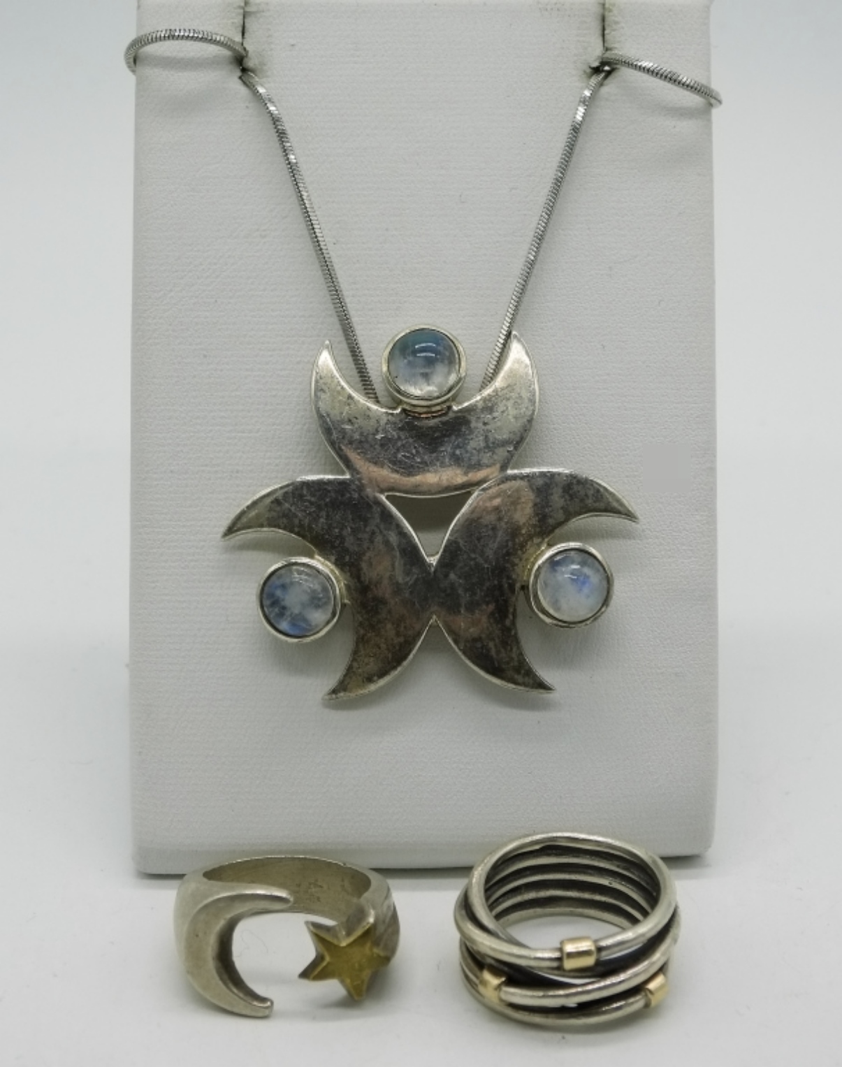Sterling Silver Moonstone Triple Moon Necklace Set