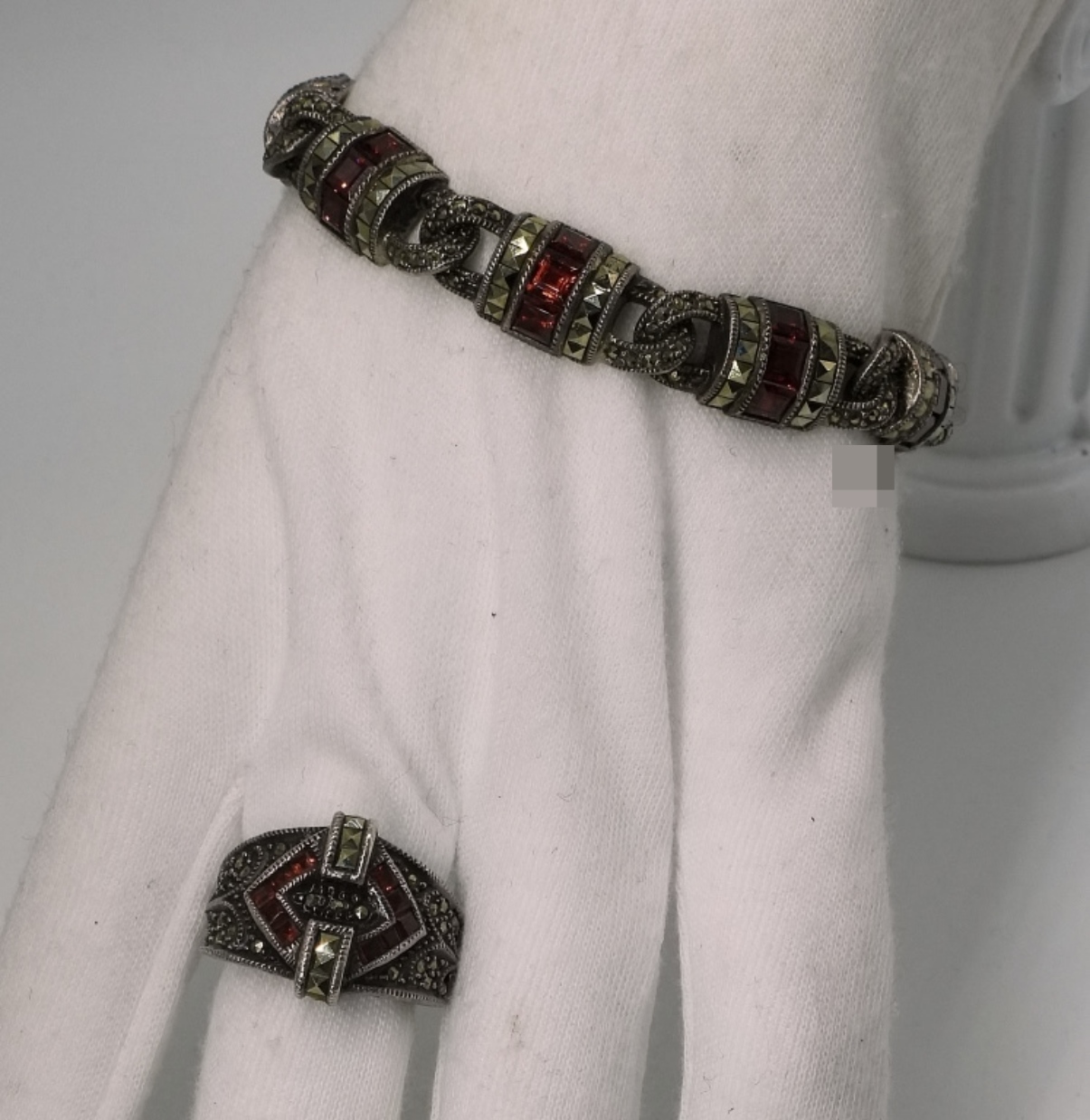 Sterling Garnet Marcasite Bracelet & Ring Set