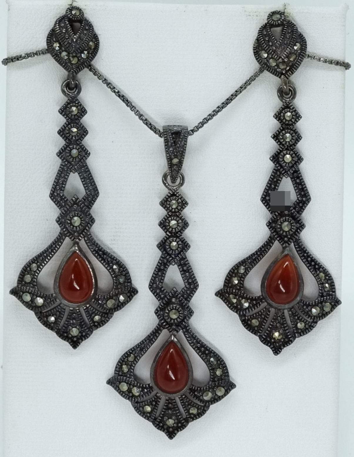 Sterling Marcasite Carnelian Set Necklace Earrings