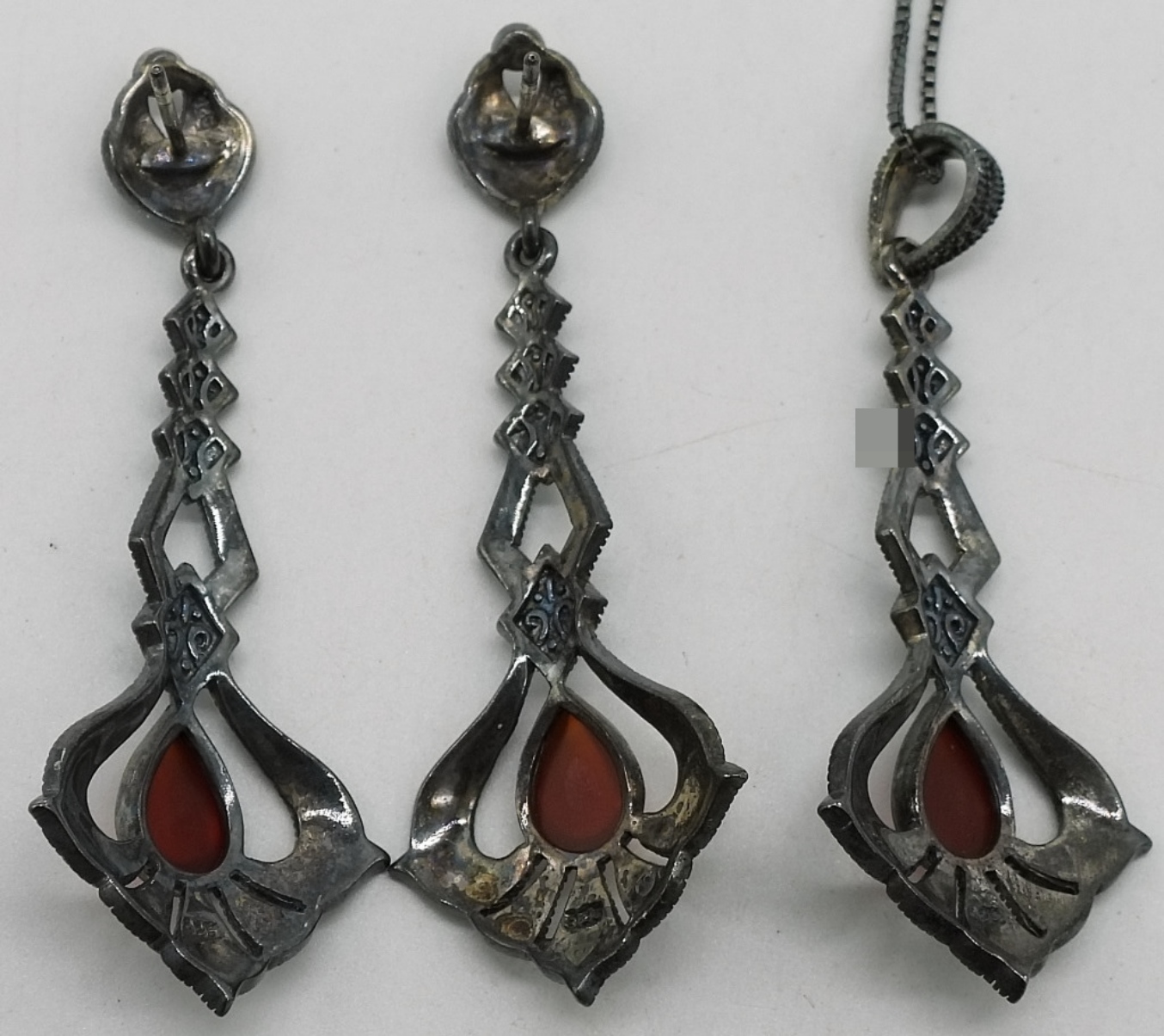 Sterling Marcasite Carnelian Set Necklace Earrings