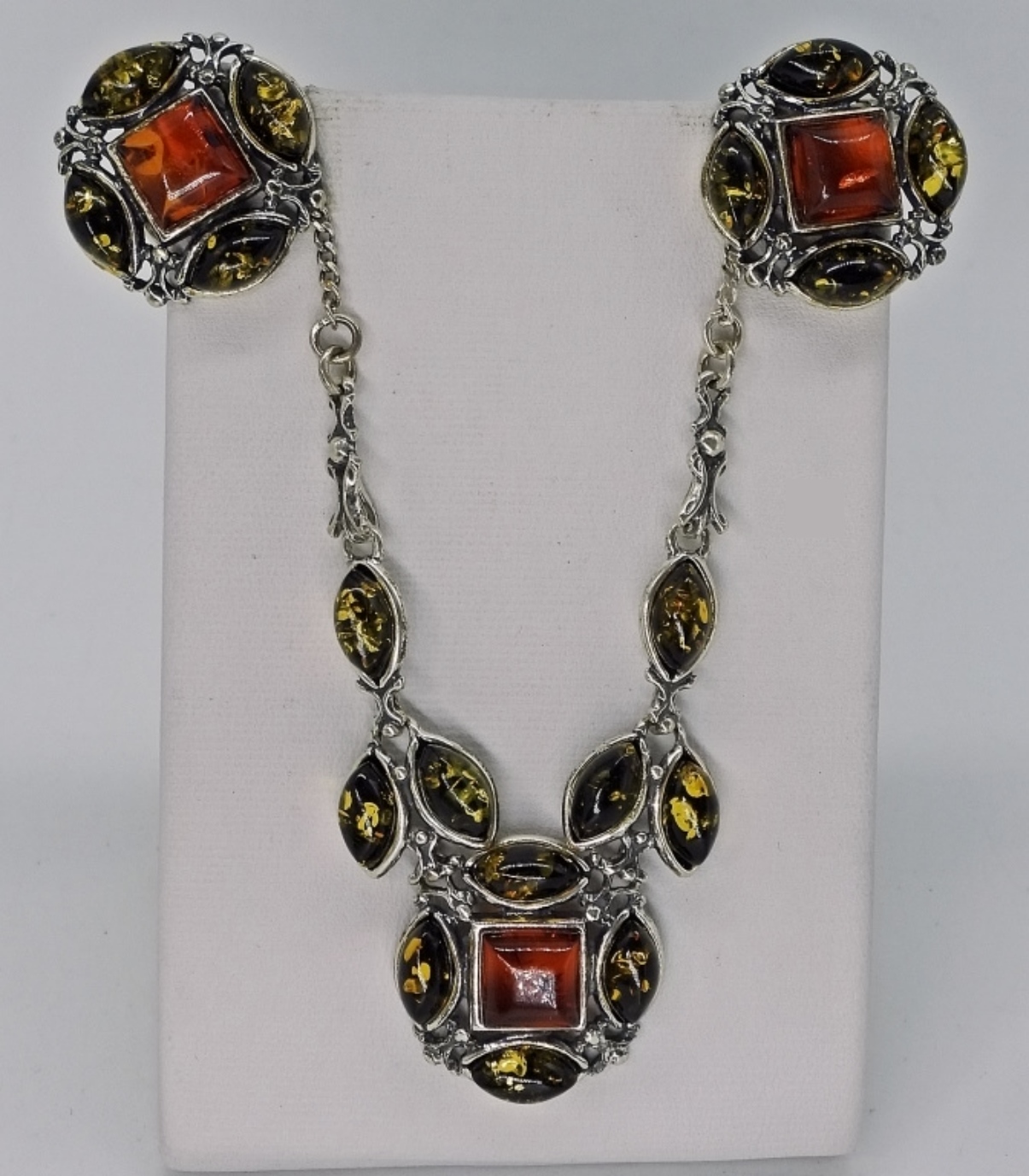 Sterling Silver Amber Necklace & Earring Set