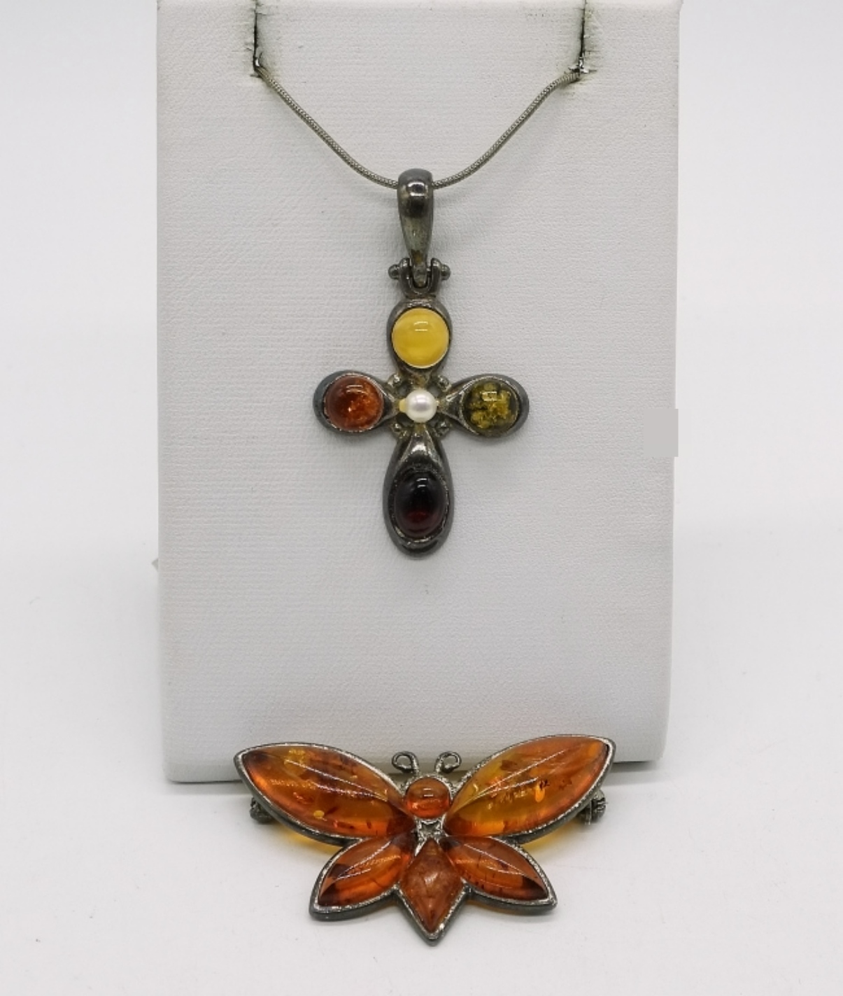 Sterling Amber Cross Pendant & Butterfly Pin