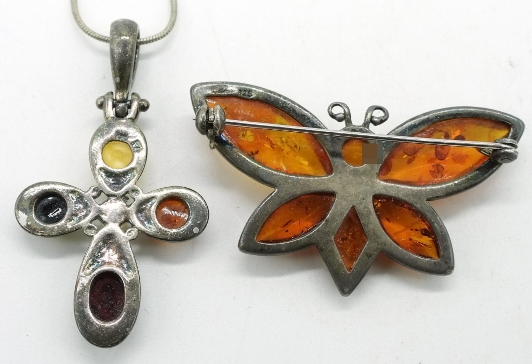 Sterling Amber Cross Pendant & Butterfly Pin