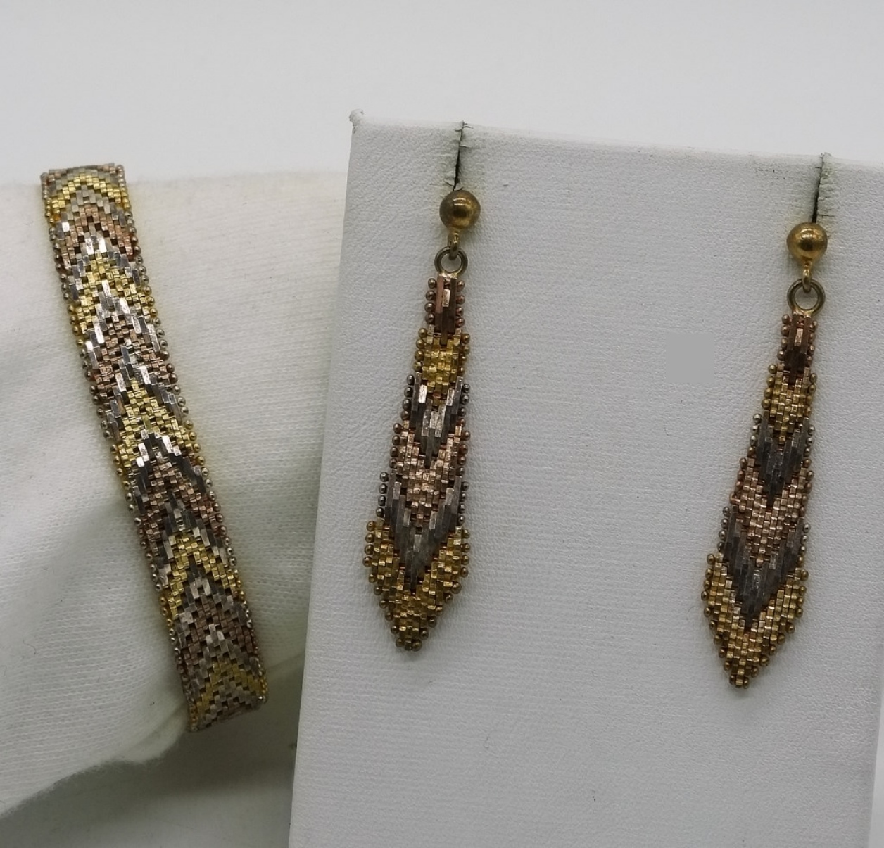 Sterling Silver Tri-Tone Mesh Bracelet & Earrings