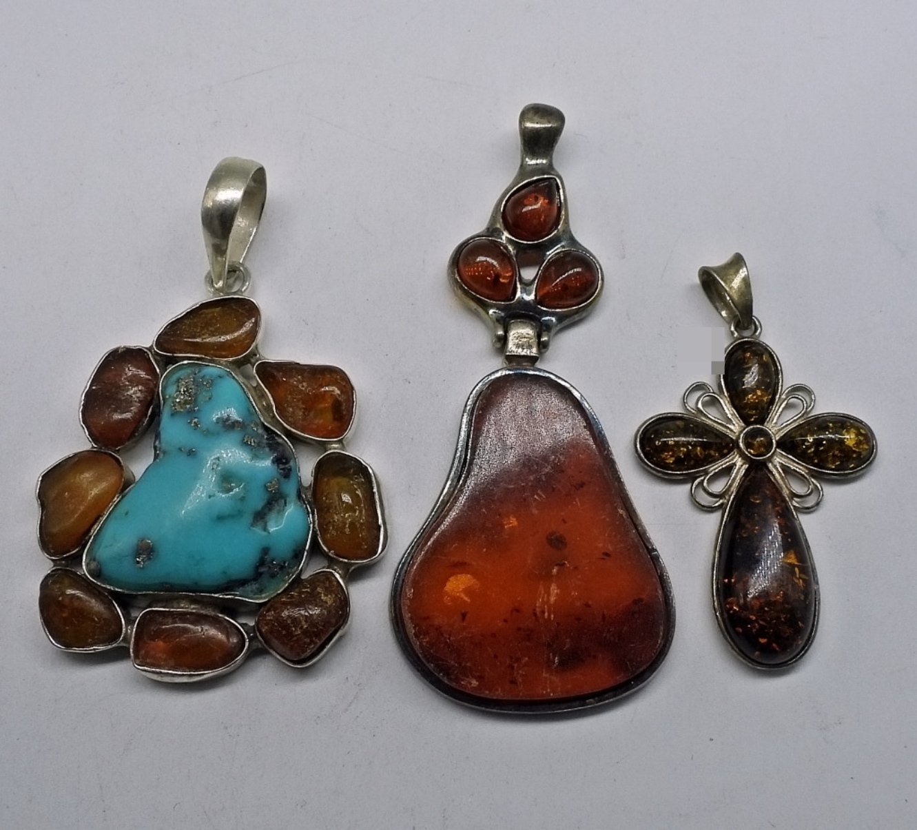 Sterling Silver Amber Turquoise Pendants, 3 Pcs