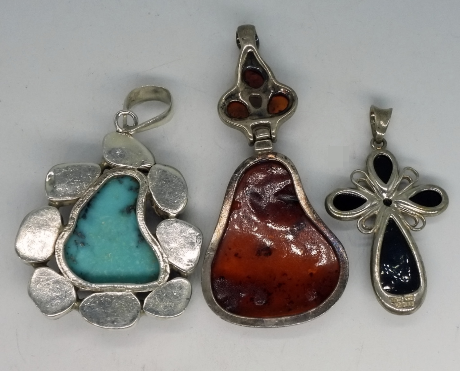 Sterling Silver Amber Turquoise Pendants, 3 Pcs