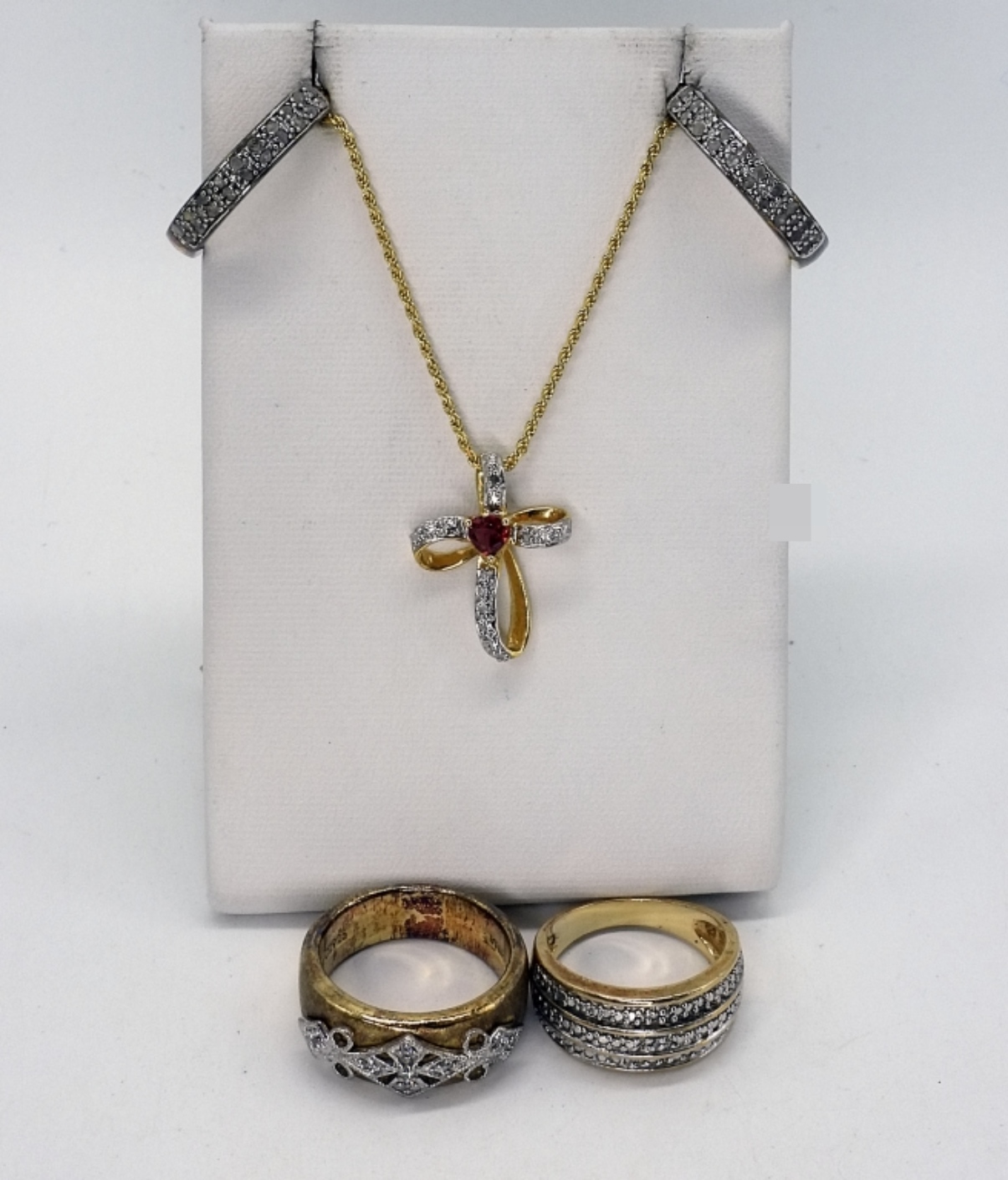 Sterling Cross Necklace & Two-Tone Ring Set
