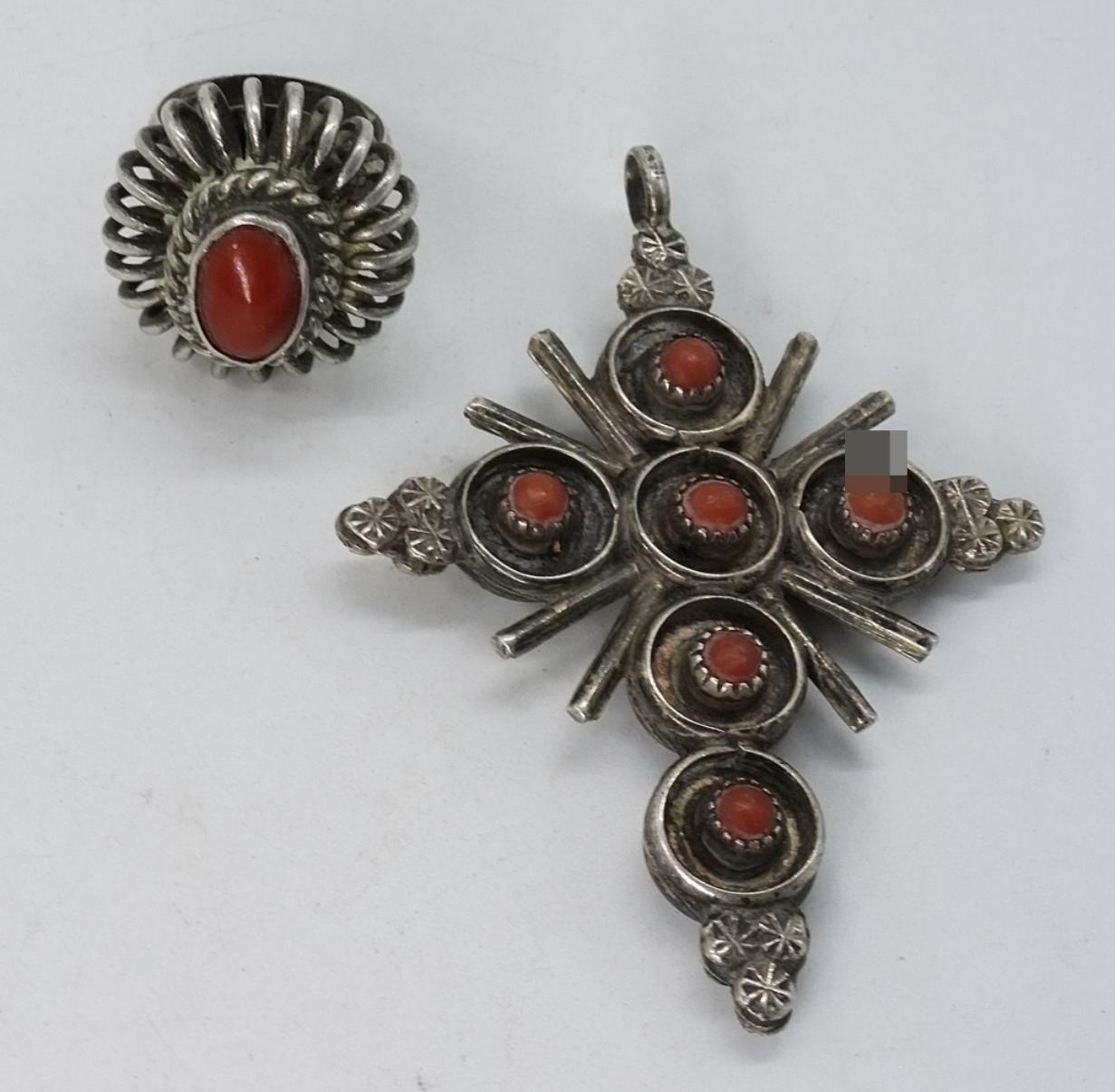 900 Silver Turquoise Coral Cross Pendant & Ring