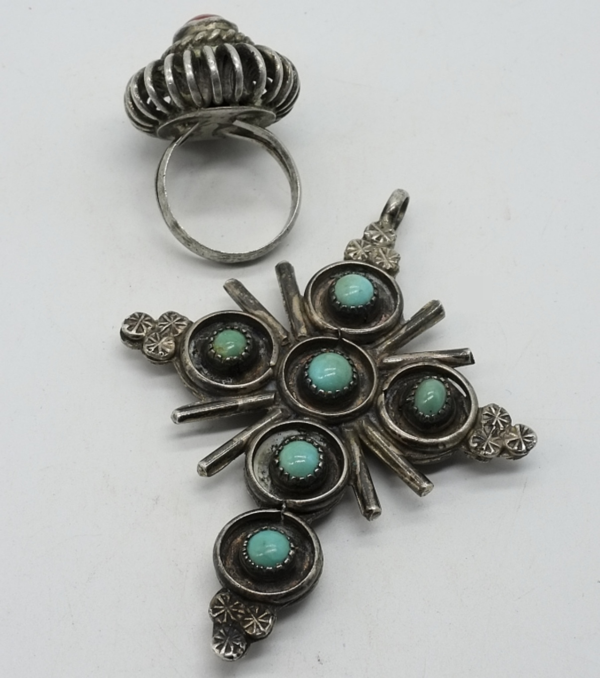 900 Silver Turquoise Coral Cross Pendant & Ring