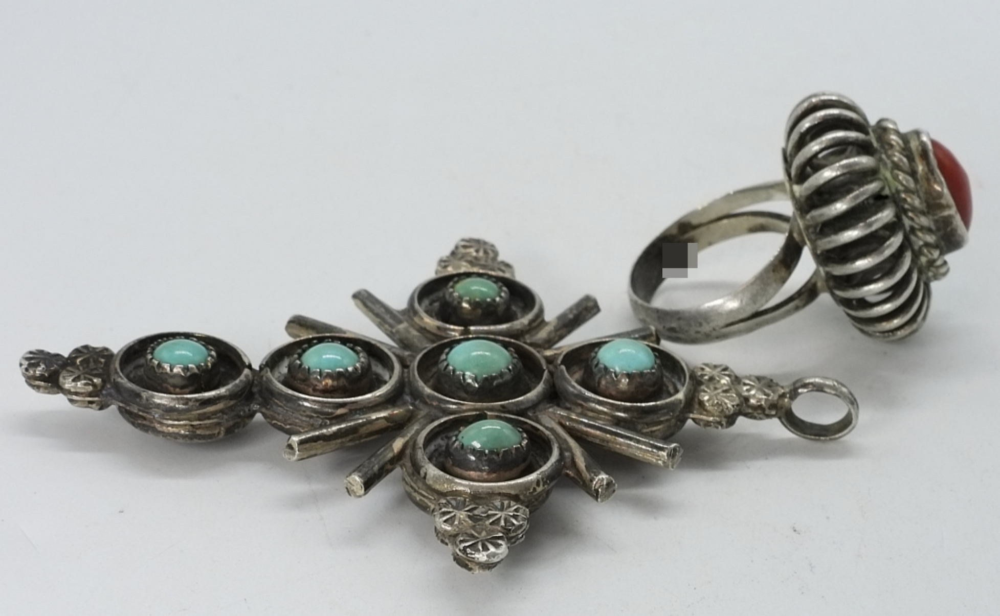 900 Silver Turquoise Coral Cross Pendant & Ring
