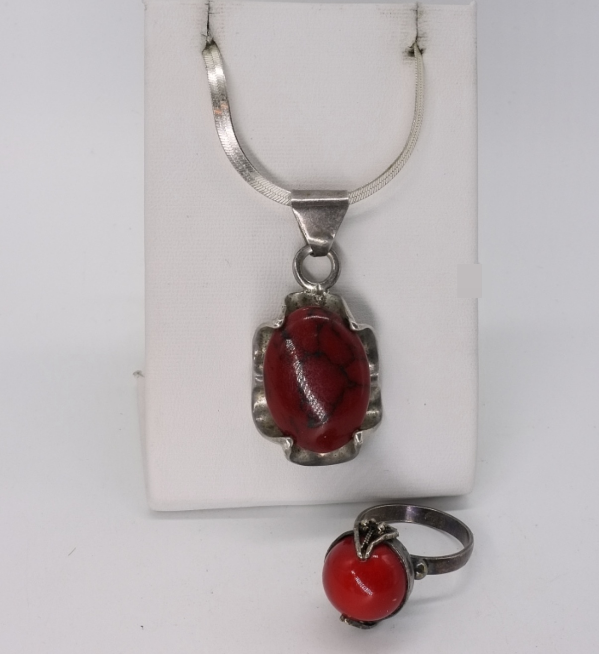 Sterling Silver Red Stone Pendant & Ring Set