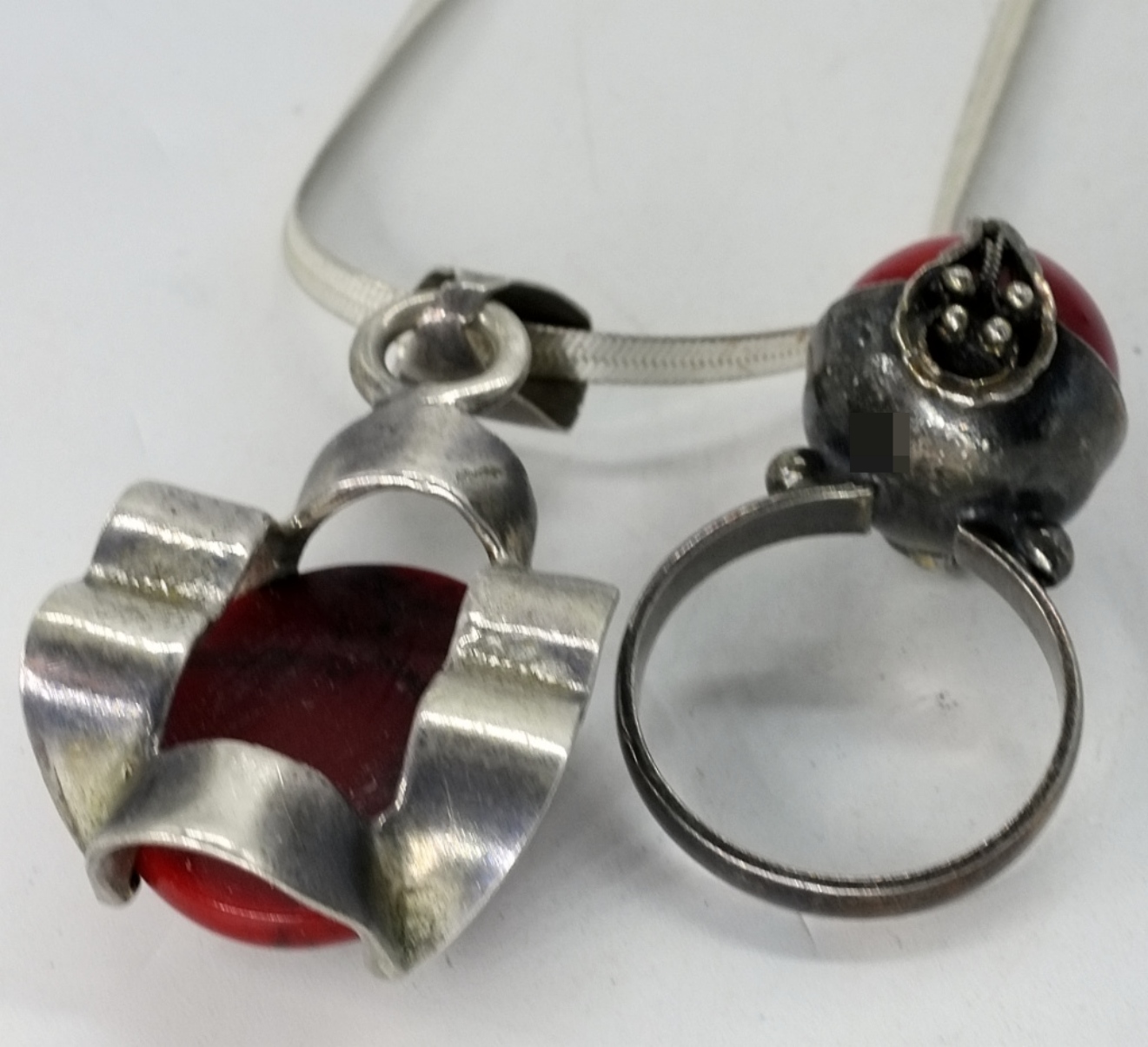 Sterling Silver Red Stone Pendant & Ring Set
