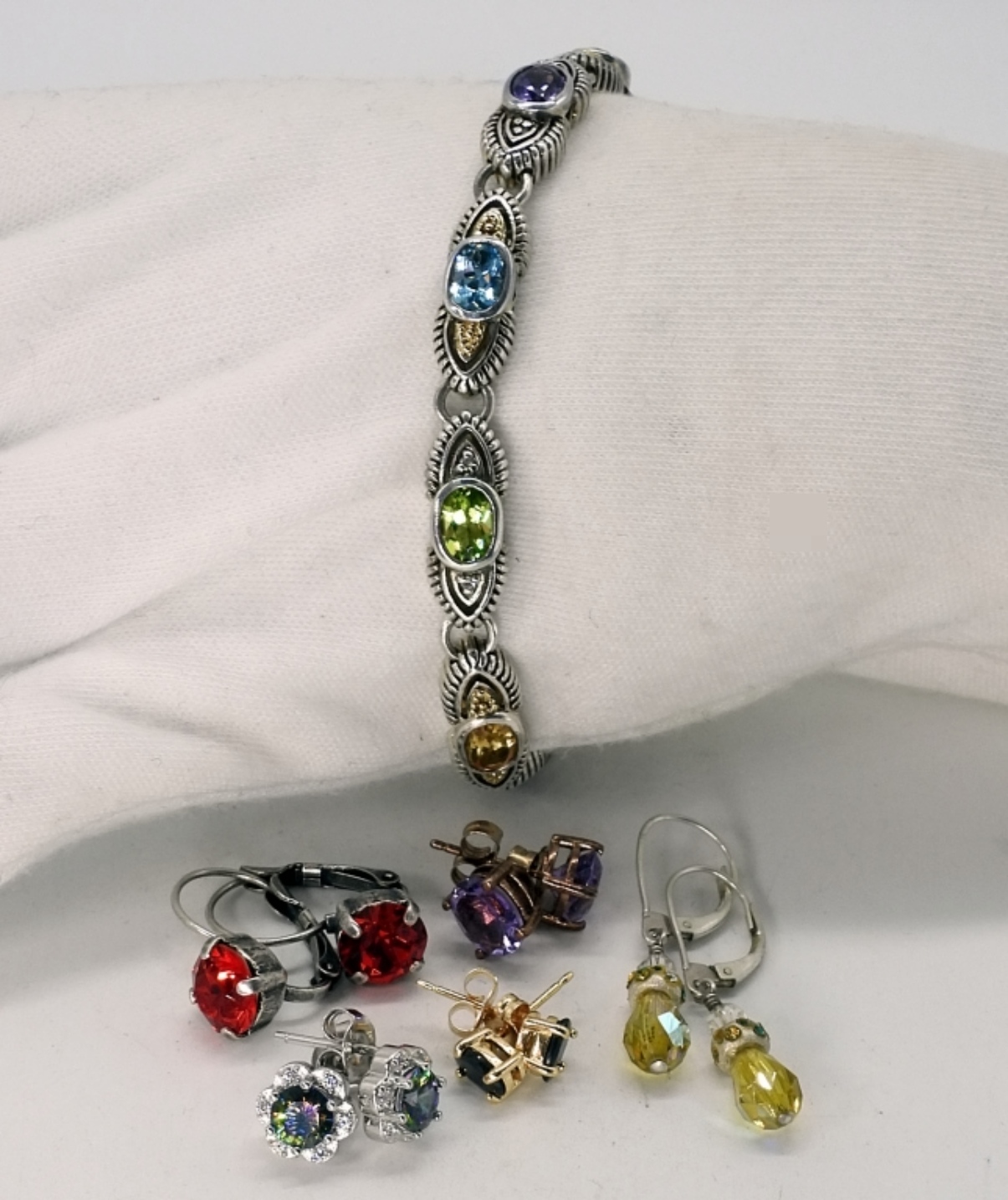 Sterling 18K Multi-Gemstone Bracelet & Earrings