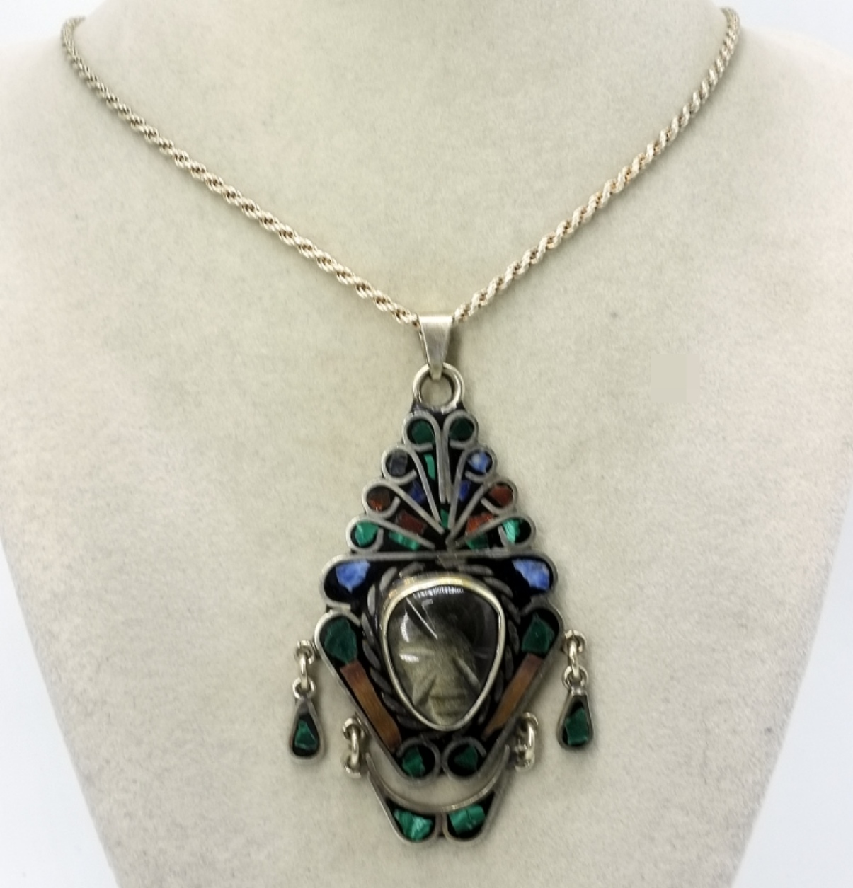 Sterling Mexican Obsidian Inlay Pendant Necklace