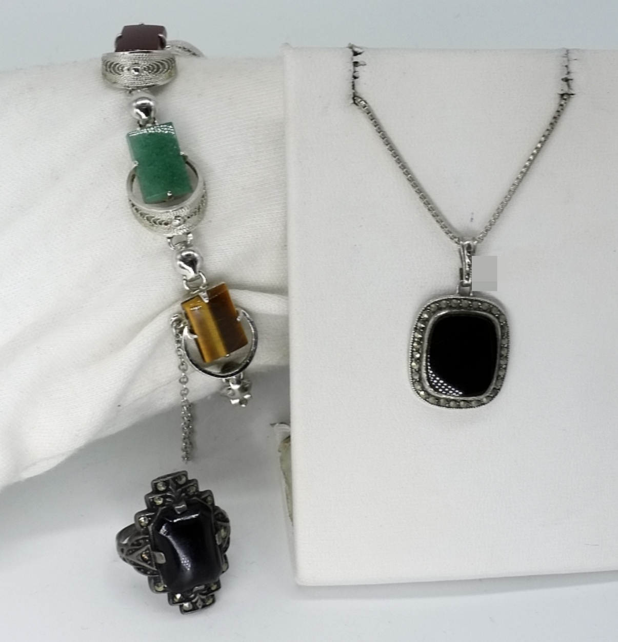 3 Piece Sterling Onyx Marcasite Jewelry Set