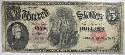 1907 $5 Obsolete Note SN A32496936. 1907 $5 Obsolete Note SN A32496936