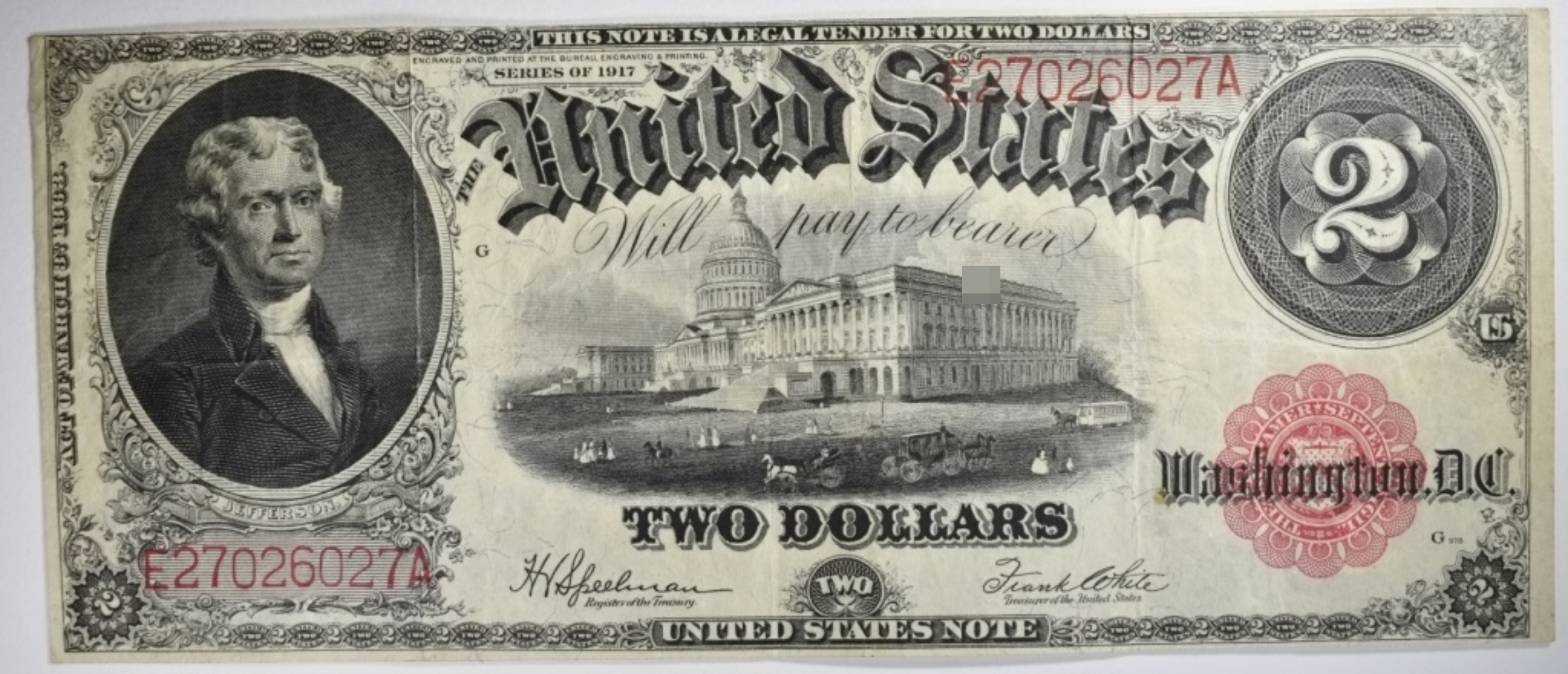 1917 $2 Legal Tender SN E27026027A