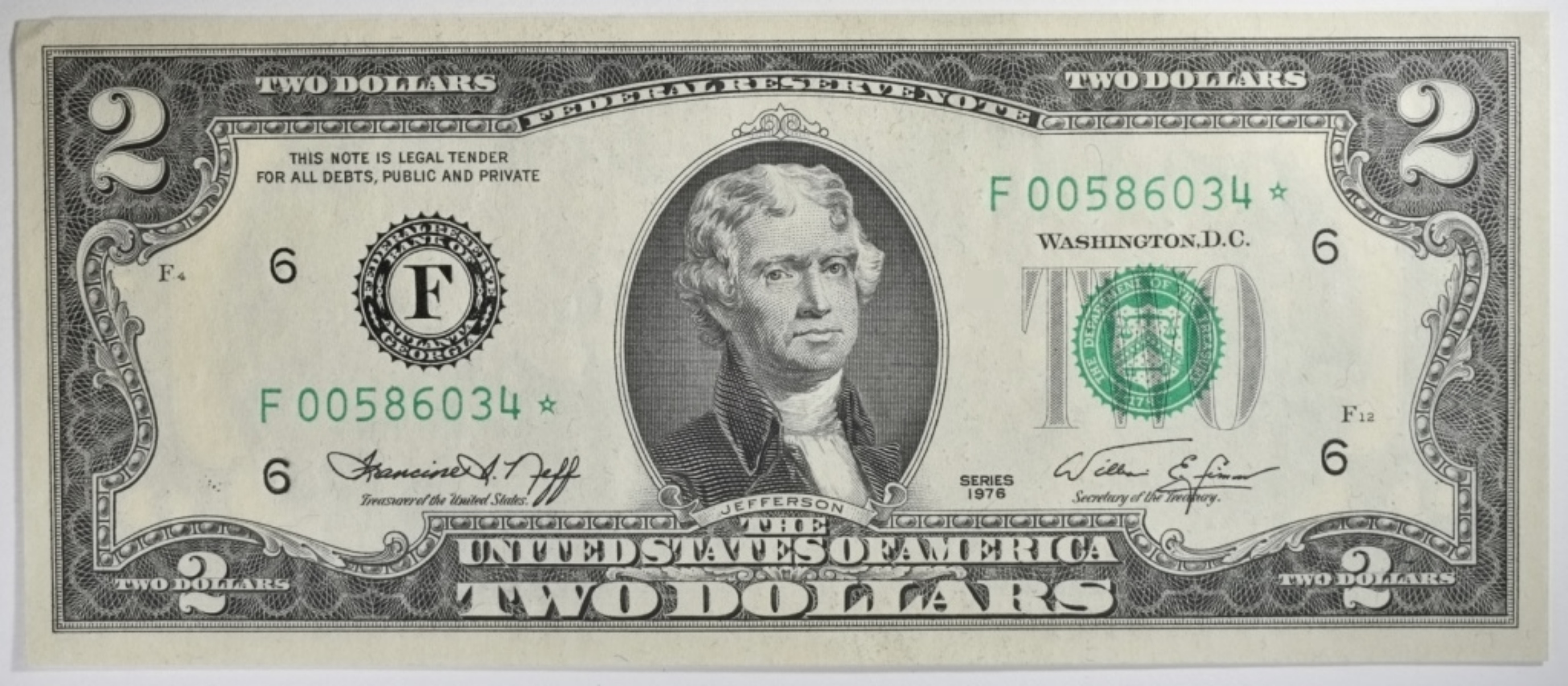 1976 $2 Star Note SN F00586034*