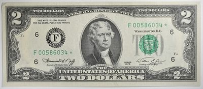 1976 $2 Star Note SN F00586034*. 1976 $2 Star Note SN F00586034*