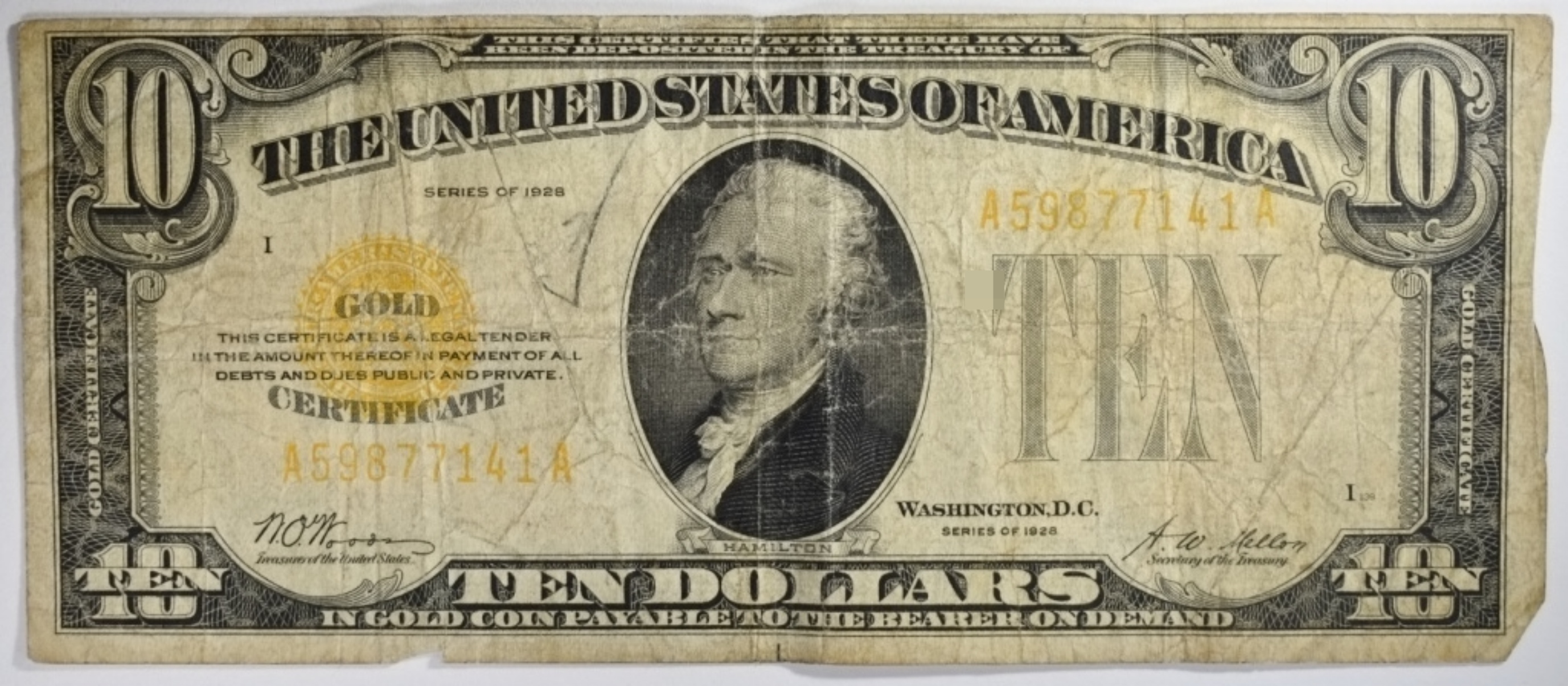 1928 $10 Gold Certificate SN A59877141A