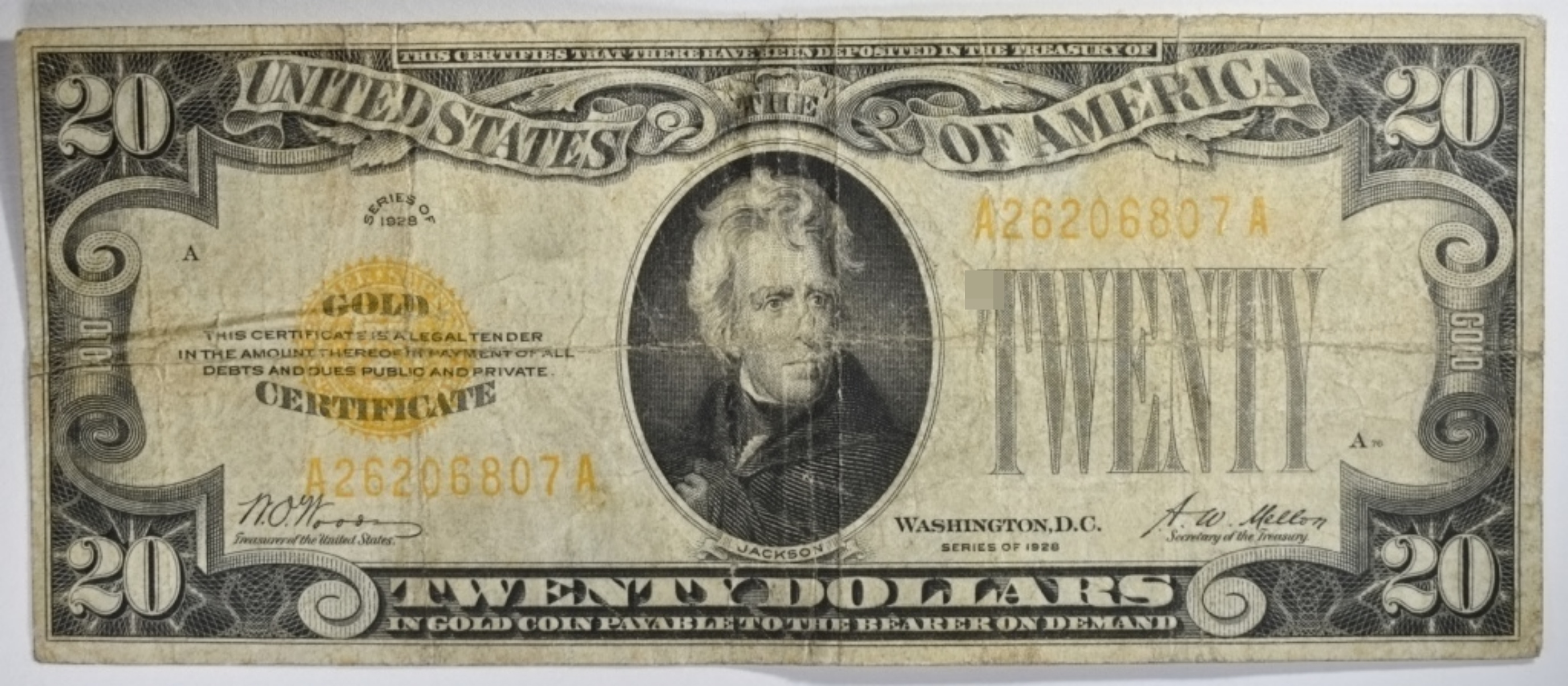 1928 $20 Gold Certificate SN A26206807A