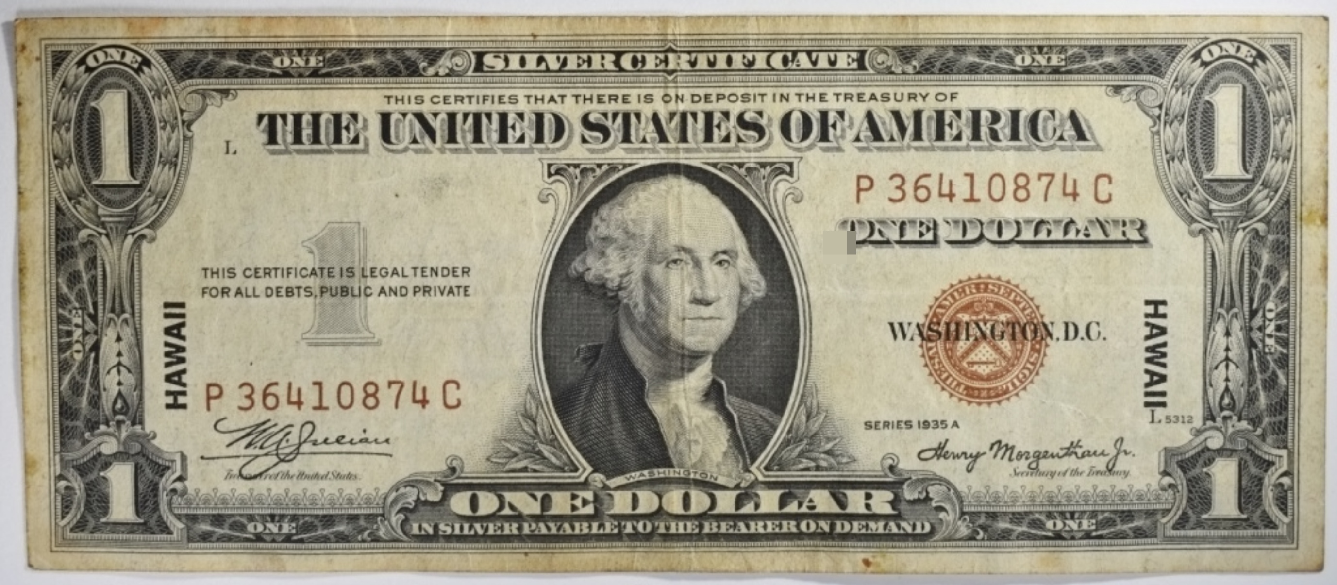 1935A $1 Hawaii Silver Cert. SN P36410874C