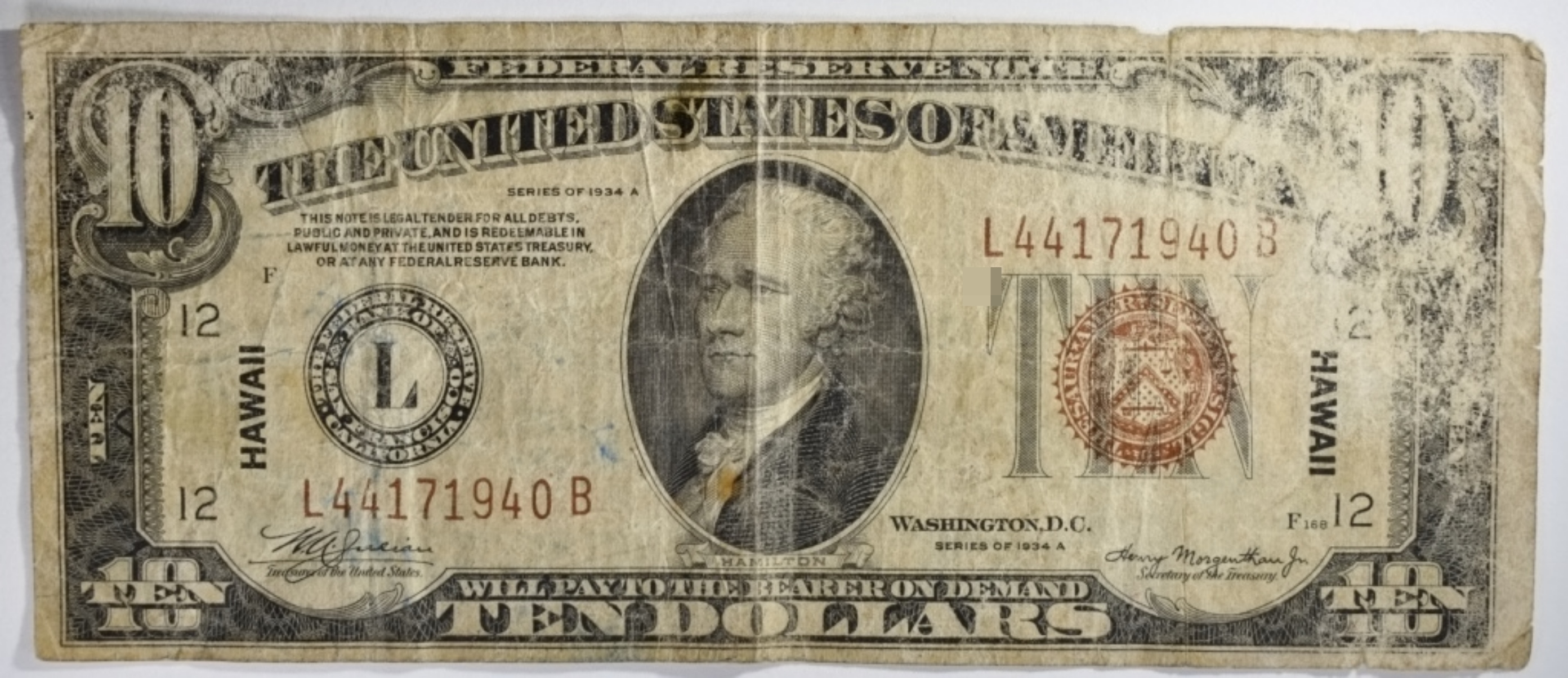 1934A $10 Hawaii Silver Cert. SN L44171940B