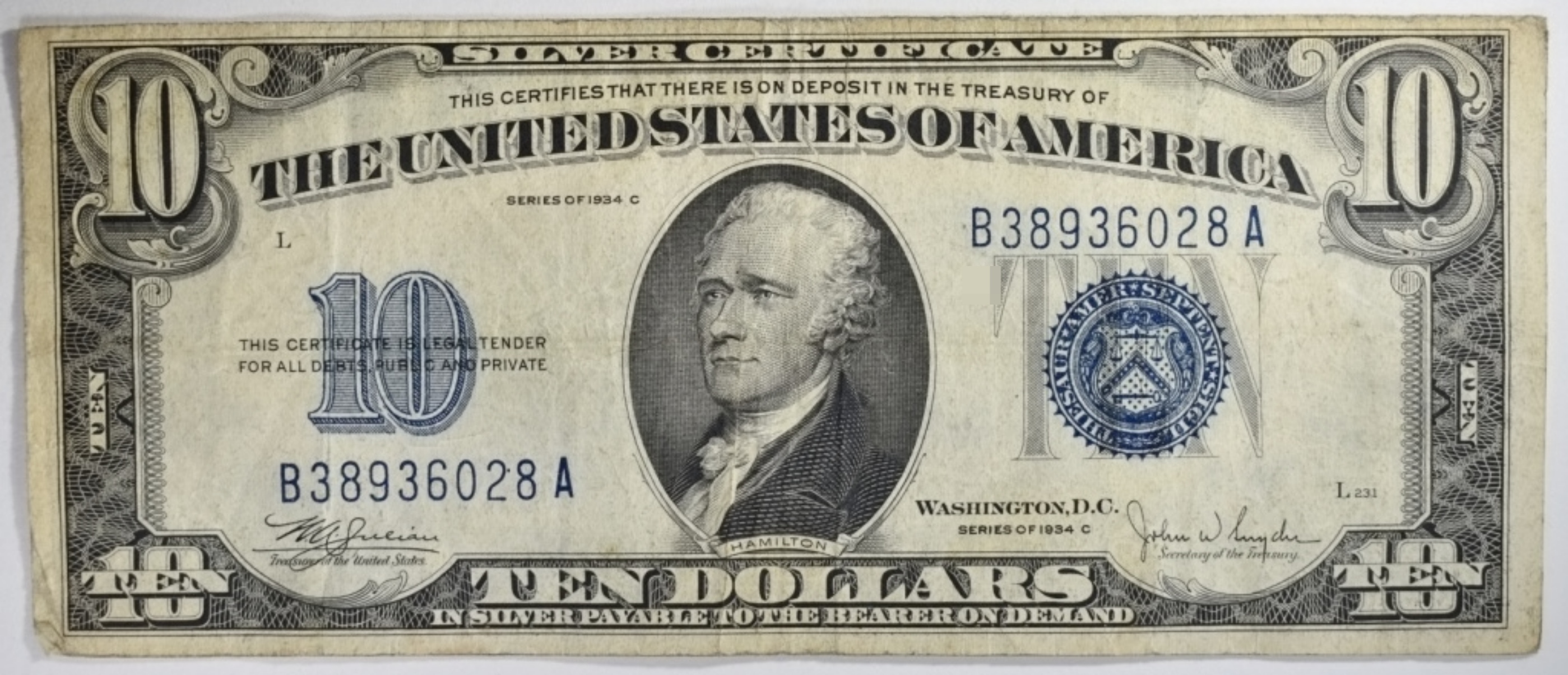 1934C $10 Silver Certificate SN B38936028A