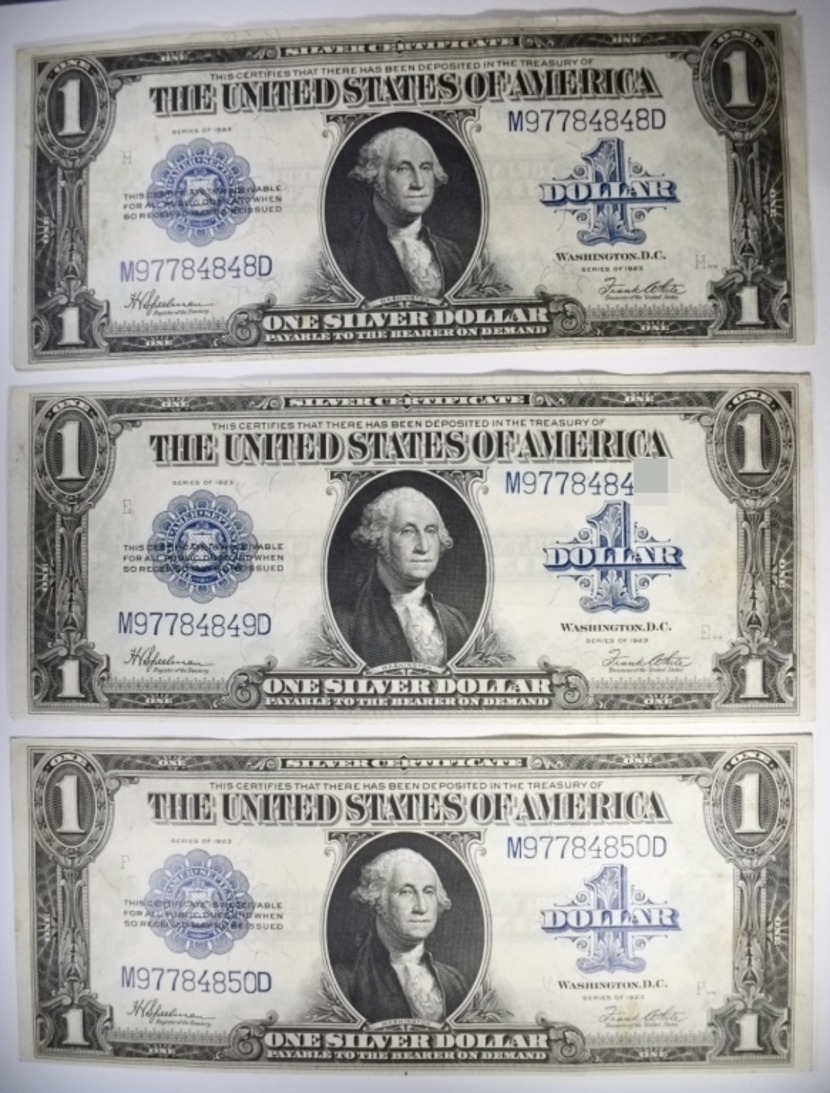 3- 1923 $1 Silver Certs. Consecutive Serial No.