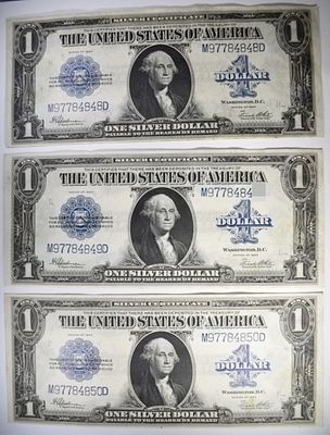 3- 1923 $1 Silver Certs. Consecutive Serial No. M97784848D, M97784849D, M97784850D
