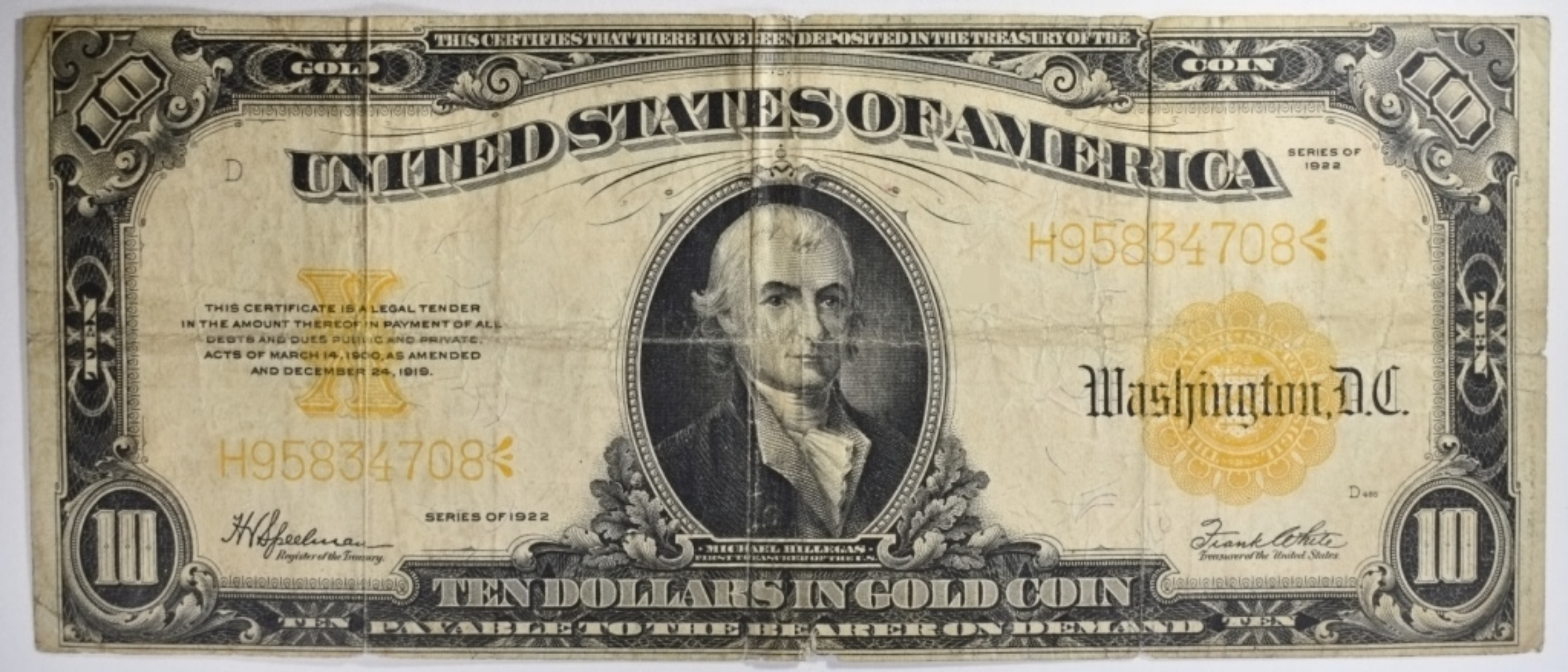 1922 $10 Gold Cert. SN H95834708