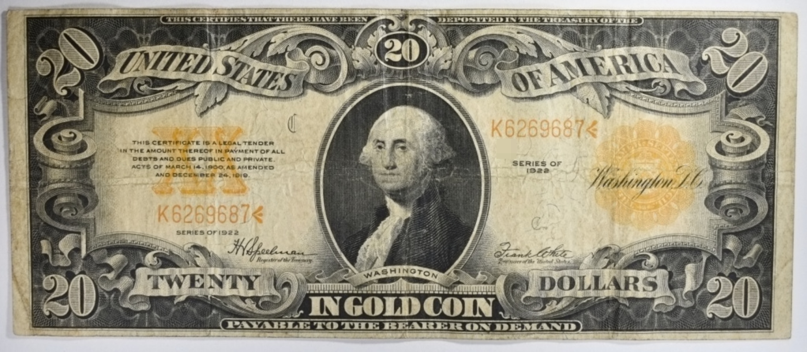 1922 $20 Gold Cert. SN K6269687