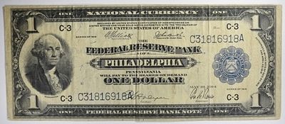 1914 $1 National Currency SN C31816918A C-3. Federal Reserve Bank of Philadelphia, PA