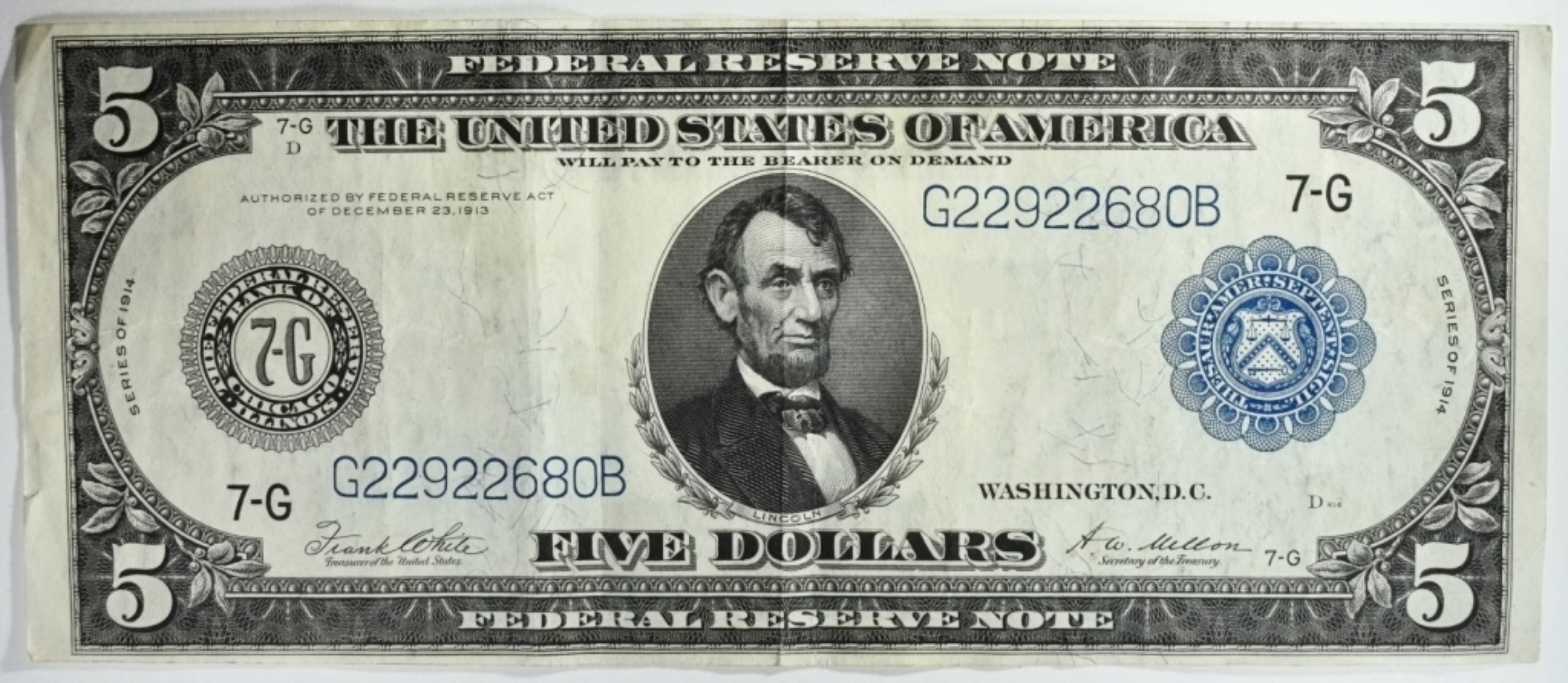 1914 $5 Federal Reserve Note SN G22922680B 7-G