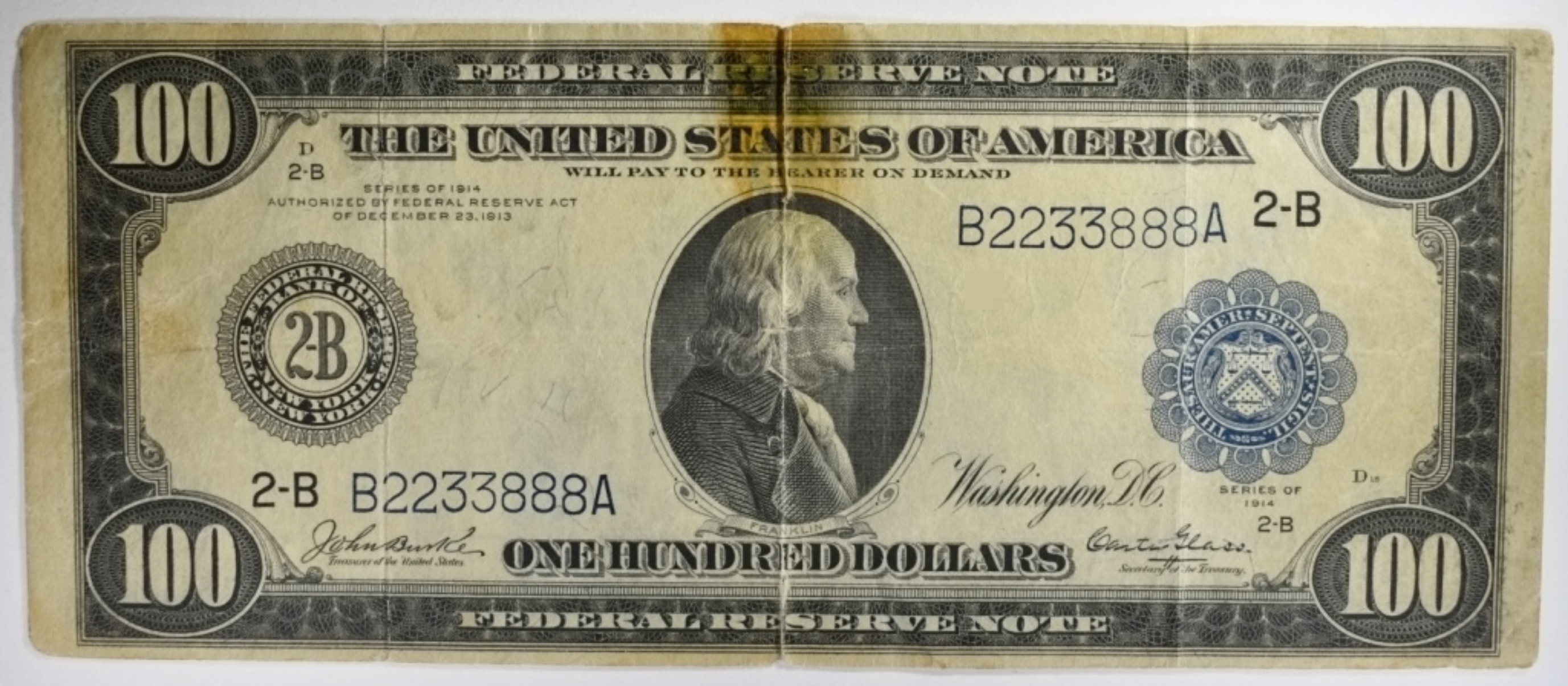1914 $100 Federal Reserve Note SN B2233888A 2-B