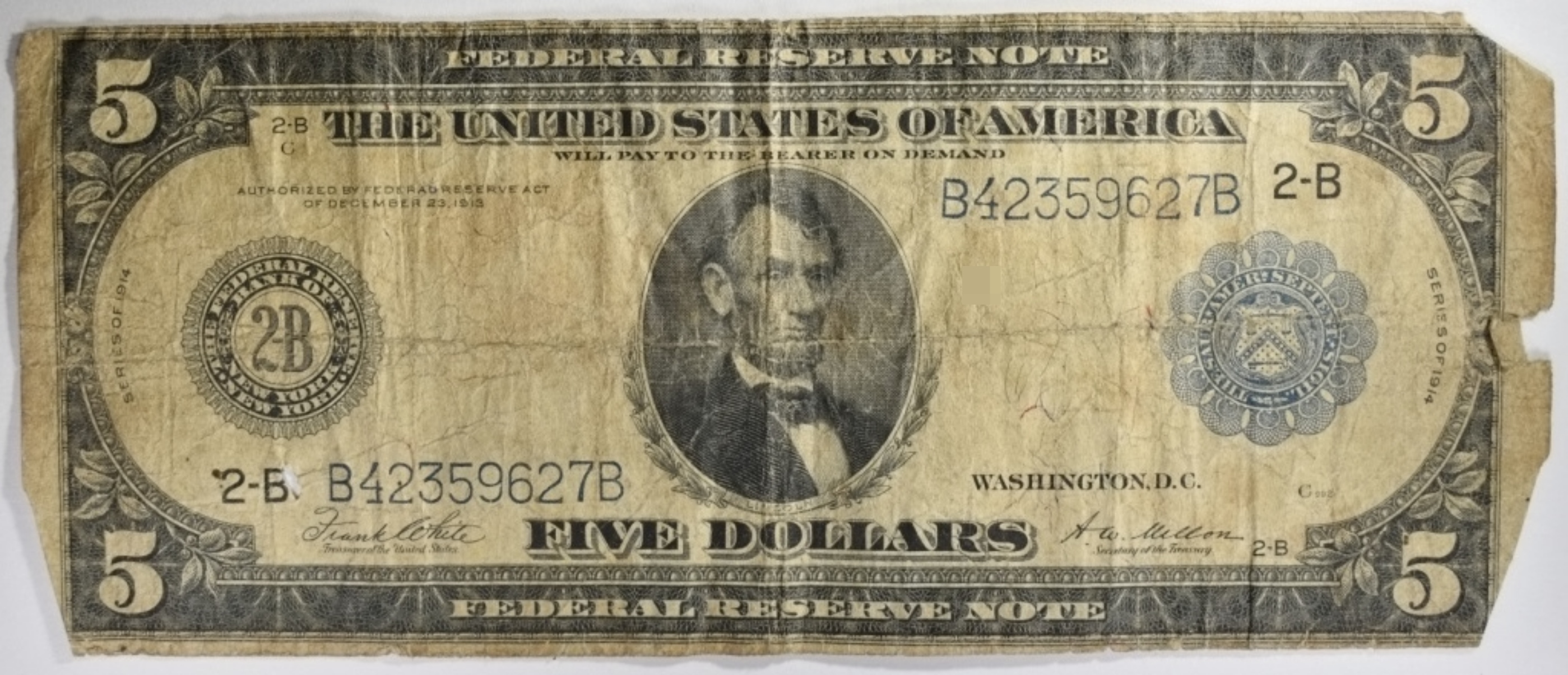 1914 $5 Federal Reserve Note SN B42359627B 2-B