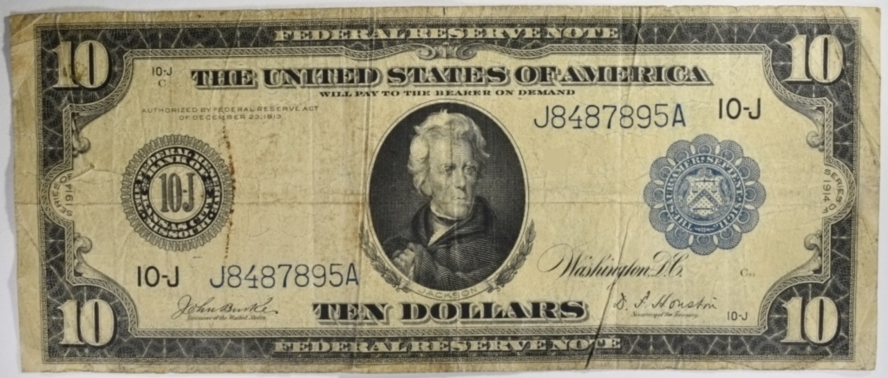 1914 $10 Federal Reserve Note SN J8487895A 10-J