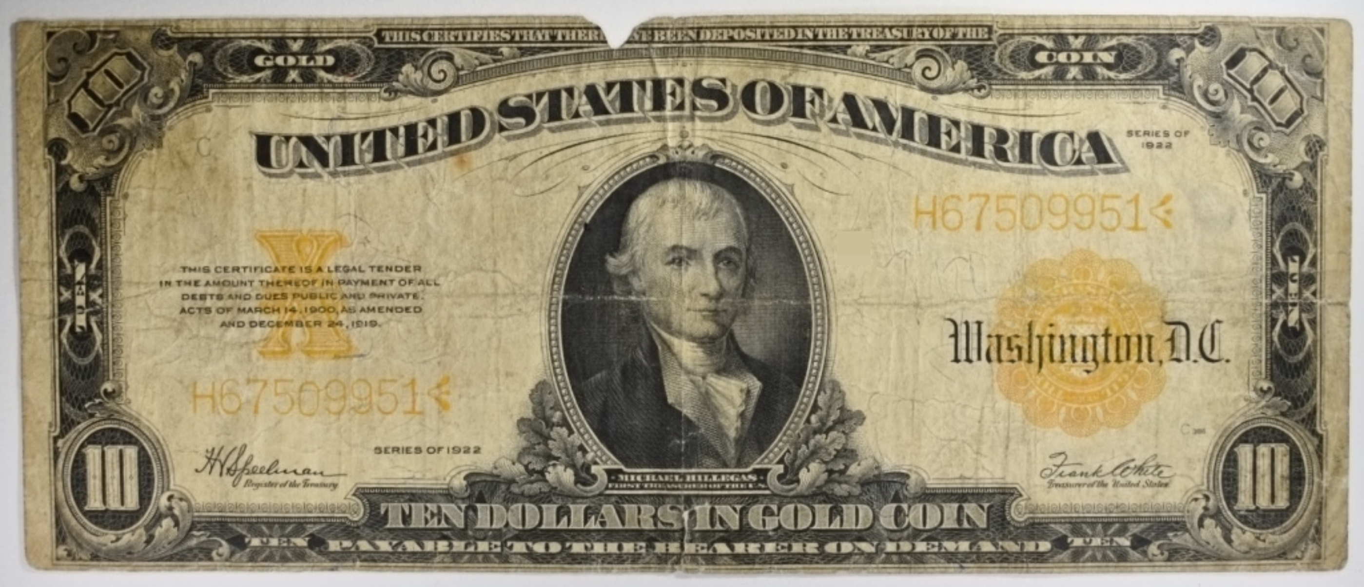 1922 $10 Gold Cert. SN H67509951