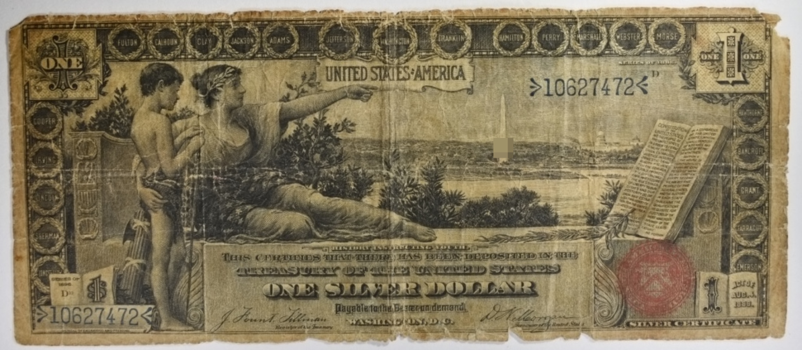 1896 $1 Educational Silver Cert. SN 10627472