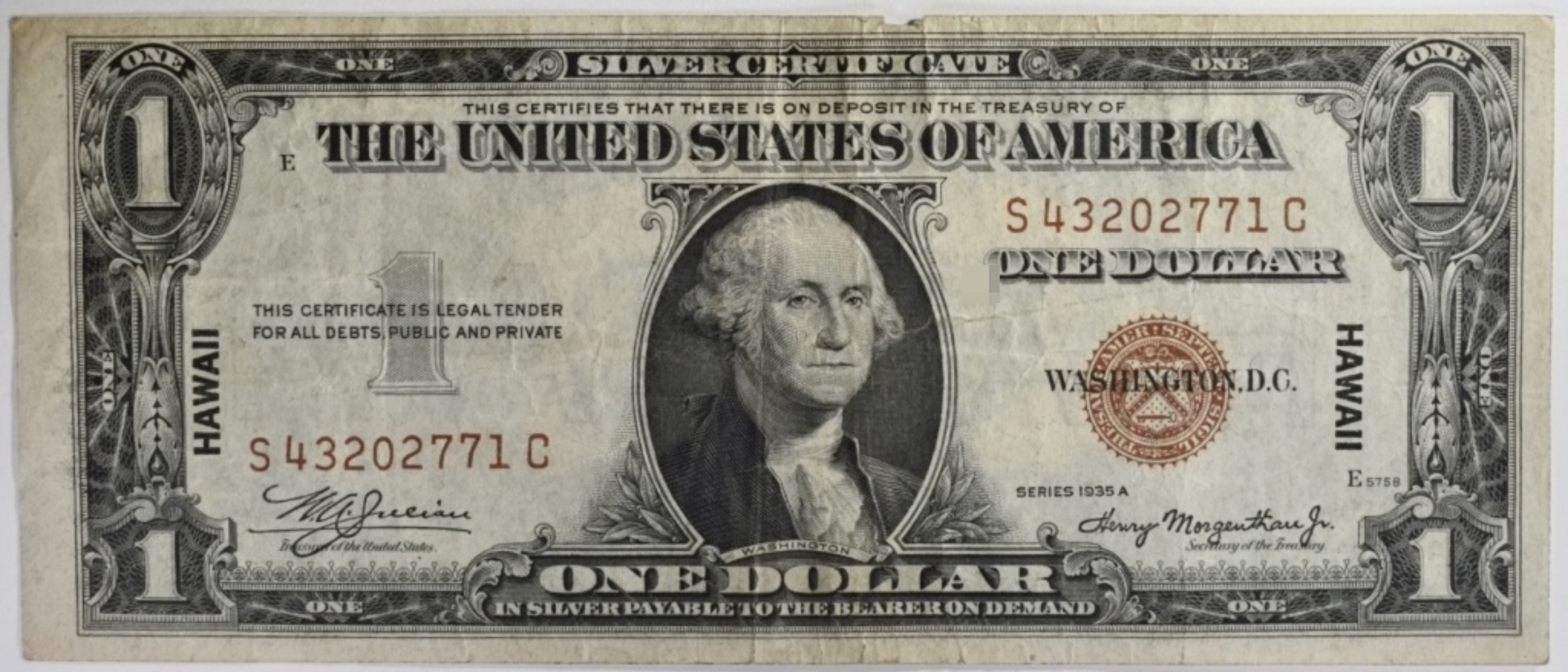 1935A $1 Hawaii Silver Cert. SN S43202771C